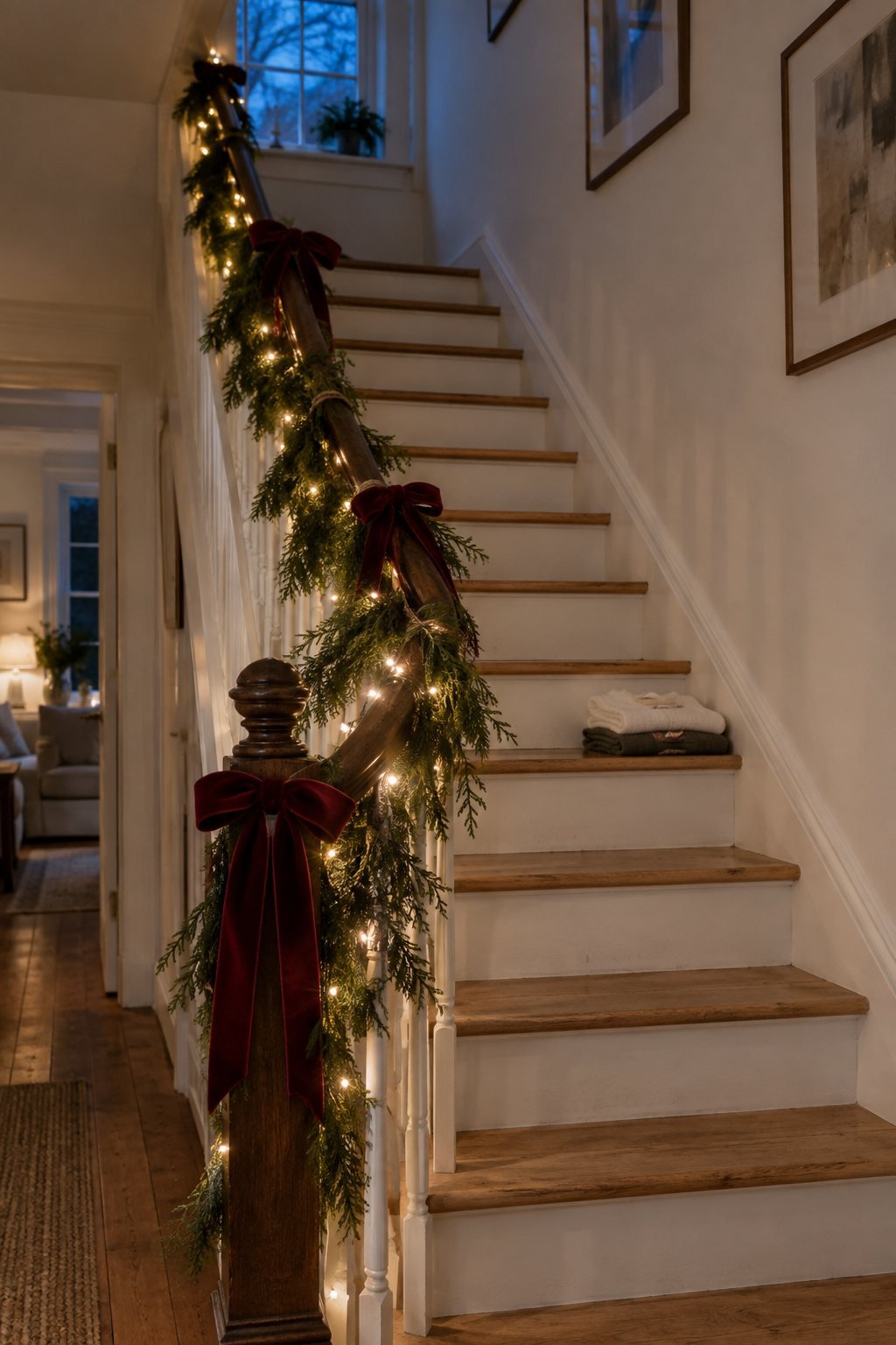Christmas staircase decor with a faux cypress garland on the banister, warm white fairy lights and hand-tied burgundy velvet bows