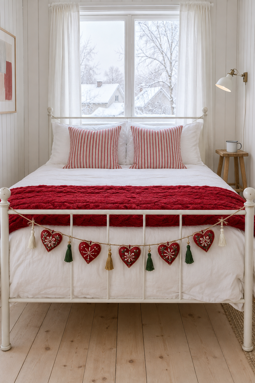 Scandinavian Christmas bedroom with white bedding, red and white ticking stripe pillows, a red cable knit throw and an embroidered heart garland on an iron footboard
