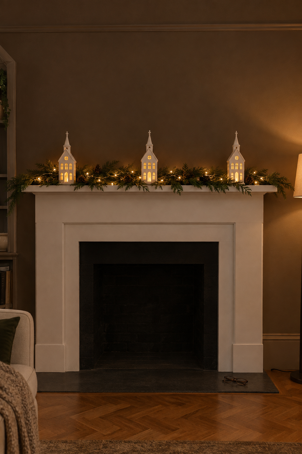 Christmas mantle with three ceramic chapel village houses glowing from inside, set along a low lit faux cypress garland with mini pinecones on a white mantel at dusk