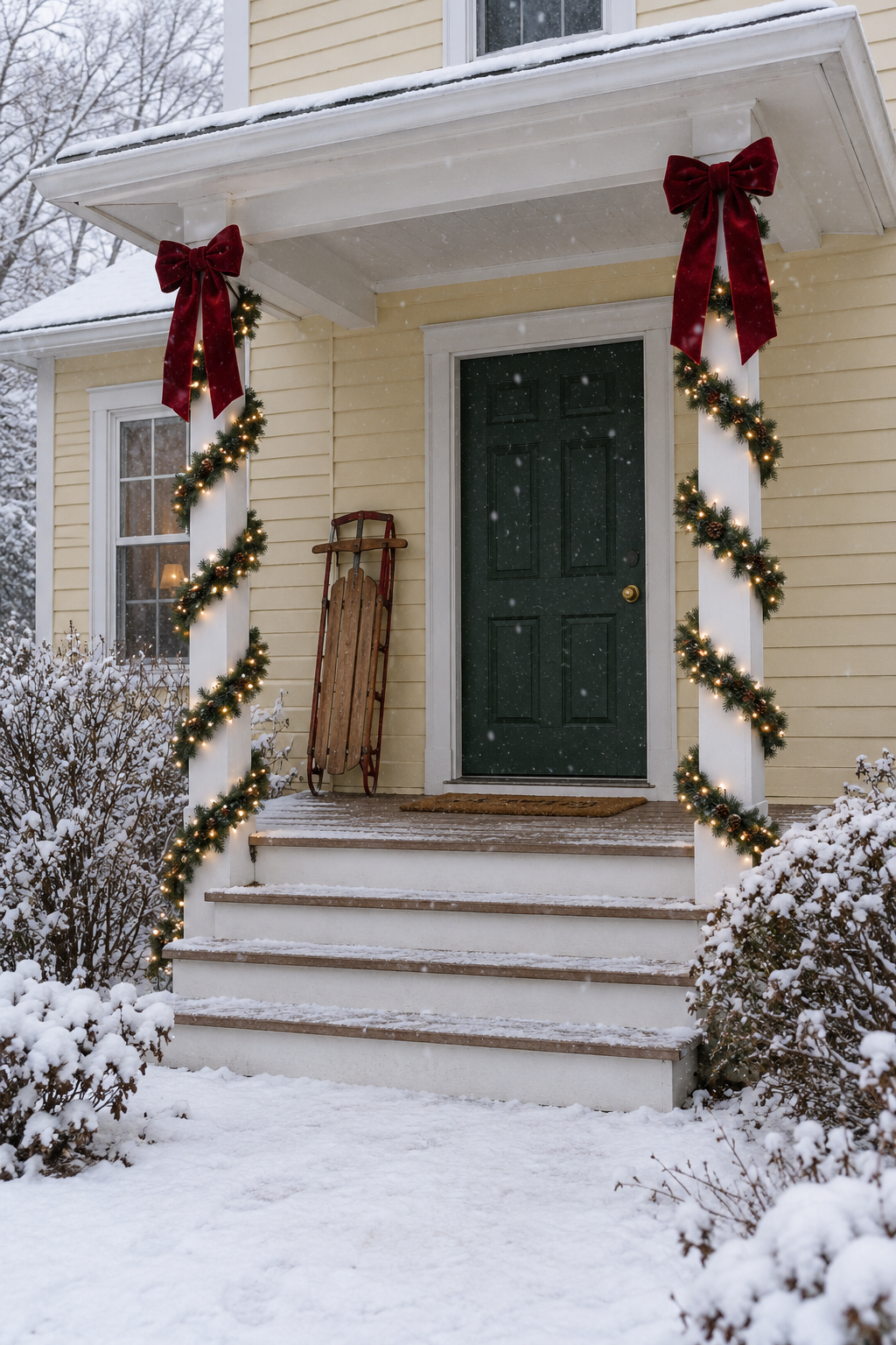 Classic front porch Christmas decor: lit pine garland with pinecones spiralled up two white porch posts, a wide deep red velvet bow at the top of each, light snow falling