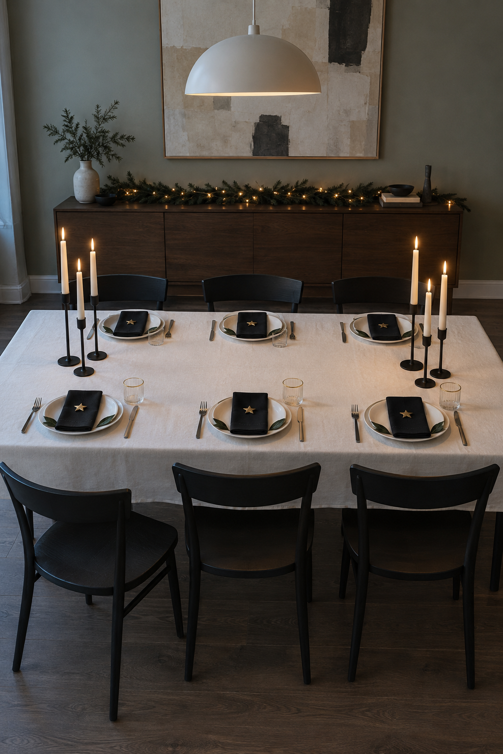 Black and gold Christmas table decor with a white tablecloth, black cotton napkins, gold rimmed ribbed glasses, tall matte black taper holders with ivory candles and bay leaves on a table for six