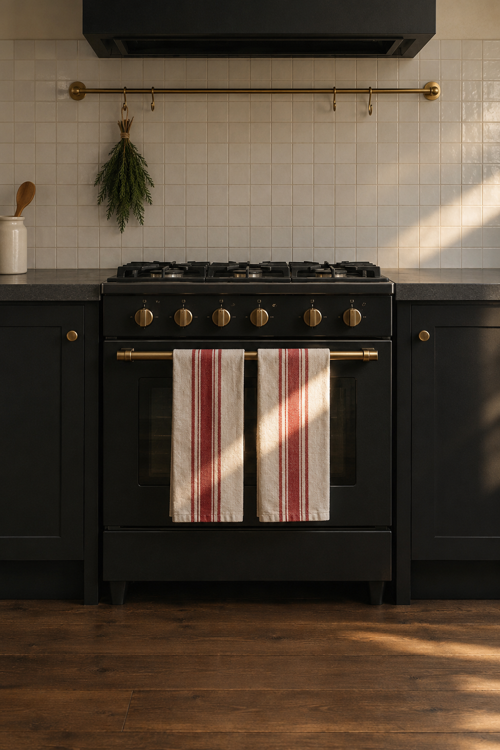 Christmas kitchen decor with two red French stripe cotton towels folded over the oven handle, black lower cabinets, a brass rail and a small cedar swag on a wall hook