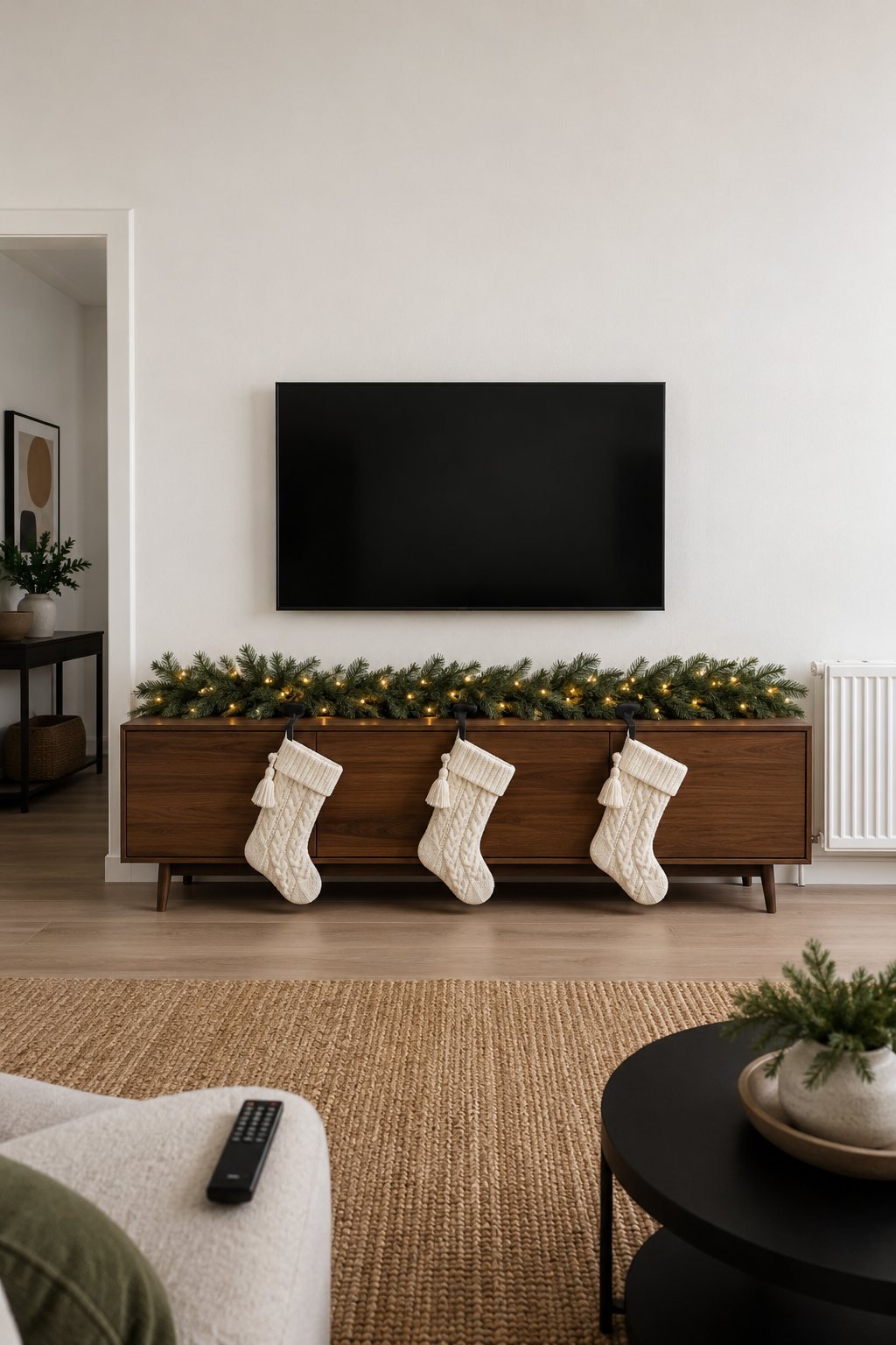 Christmas TV wall in a living room without a fireplace: a lit fir garland along the media console and three ivory cable knit stockings on black holders