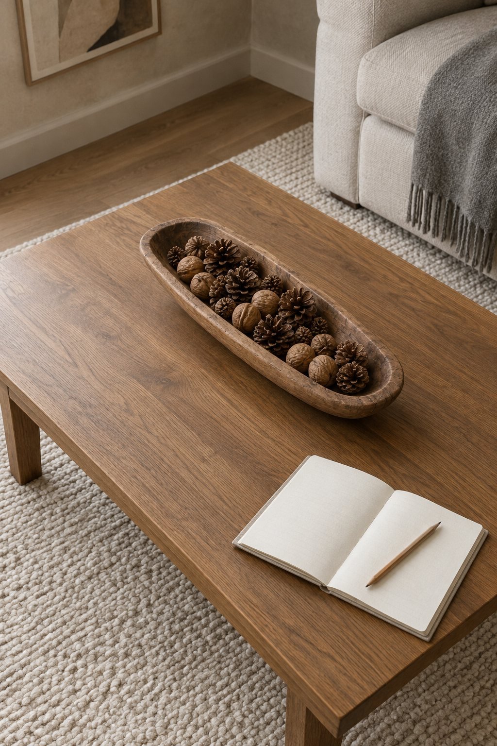 Long hand-carved wooden dough bowl filled with pinecones and walnuts on a low coffee table, cream wool rug, clay beige limewash wall, winter home decor