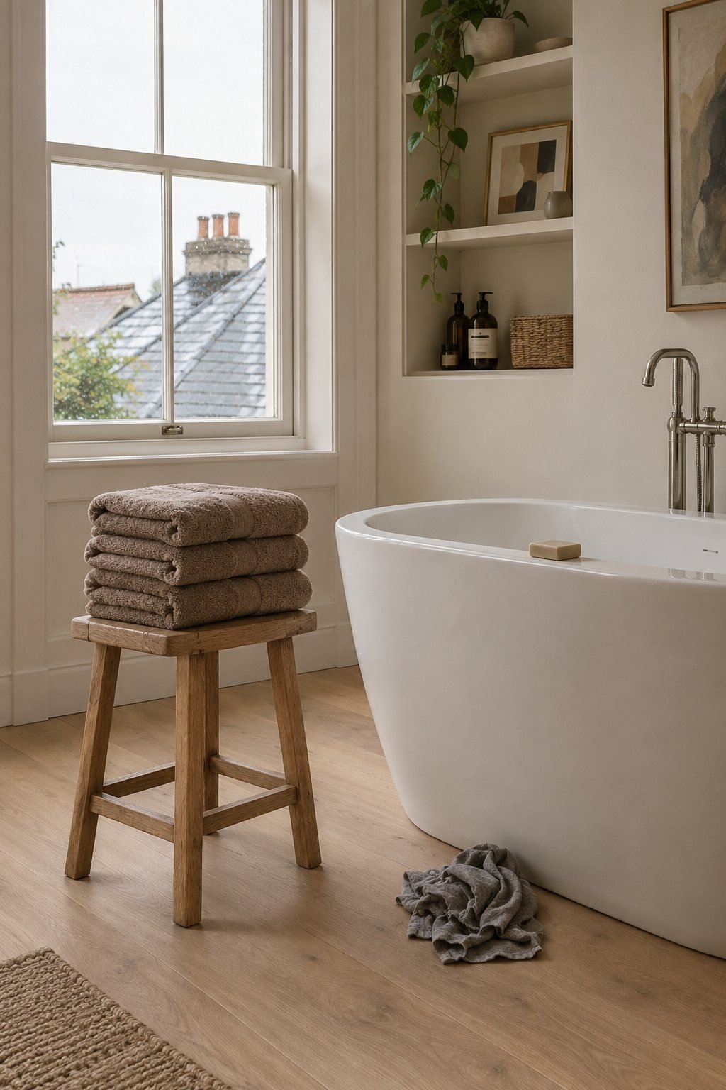 A bathroom with a wall shelf and a wooden stool holding a folded stack of taupe towels, a small rag pile beside the tub in soft diffused window light