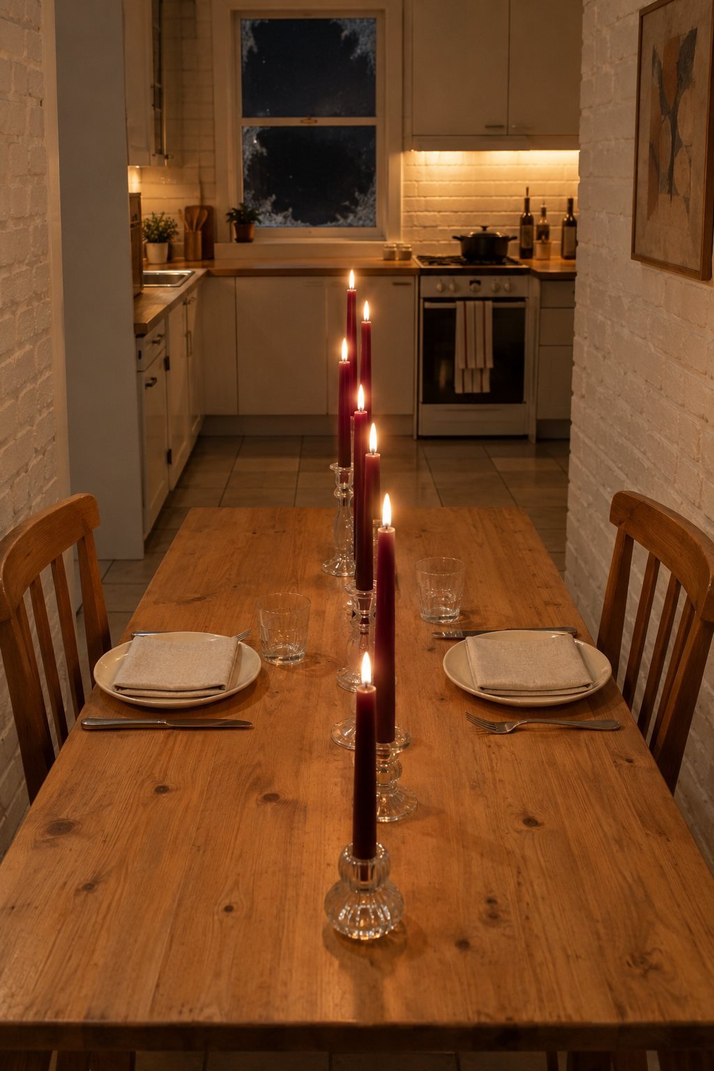 Valentines dinner table with a row of lit burgundy taper candles in clear glass holders down a long narrow pine table set for two with cream plates