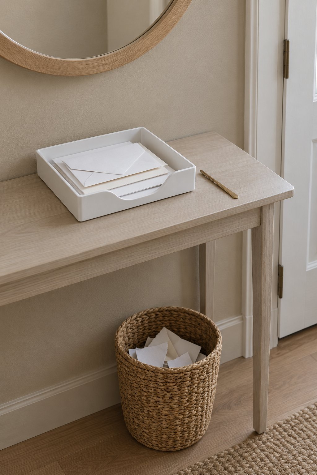 Declutter paper and mail: one plain white letter tray with a few opened envelopes on a slim console, a woven wastepaper basket of torn envelopes on the floor beside it