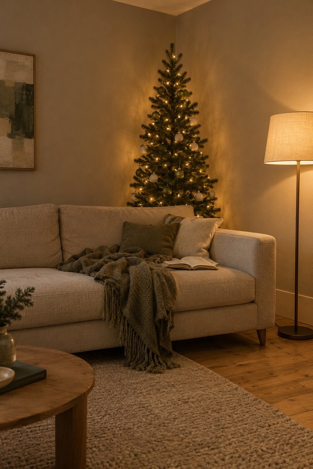 Slim green Christmas tree with warm white lights and olive and cream baubles rising from the corner behind an oat sofa in a small living room