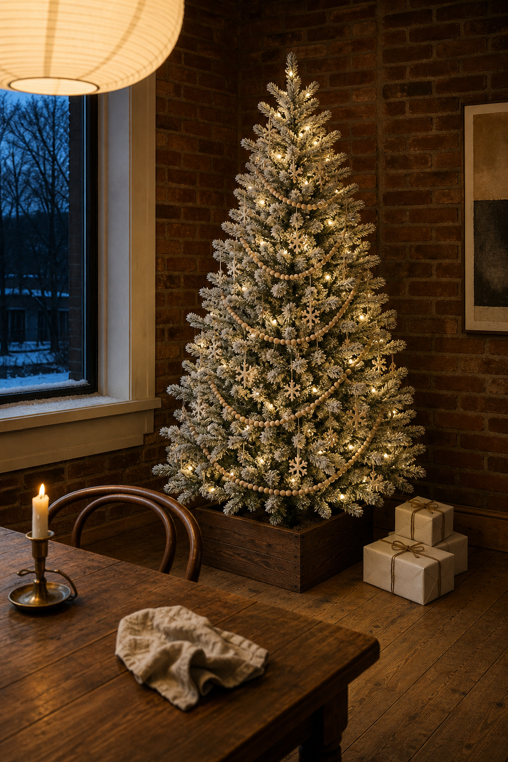 Flocked white Christmas tree in a dining room corner with natural wood bead garlands, unfinished wooden snowflake ornaments, a dark walnut wooden tree collar and white wrapped gifts