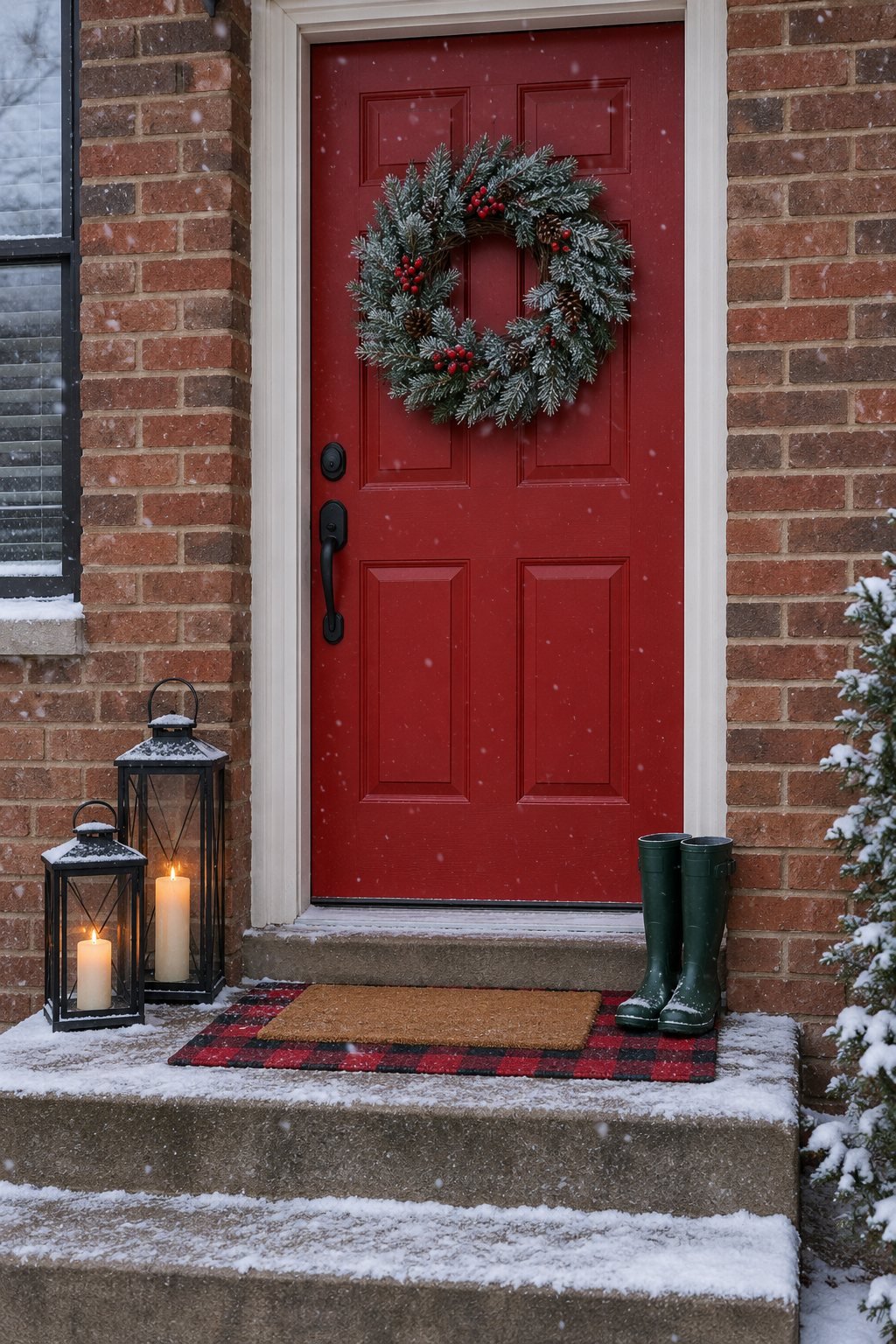 Christmas front door decor with a frosted pine and red berry wreath, two black metal lanterns and a red and black check rug layered under a coir doormat