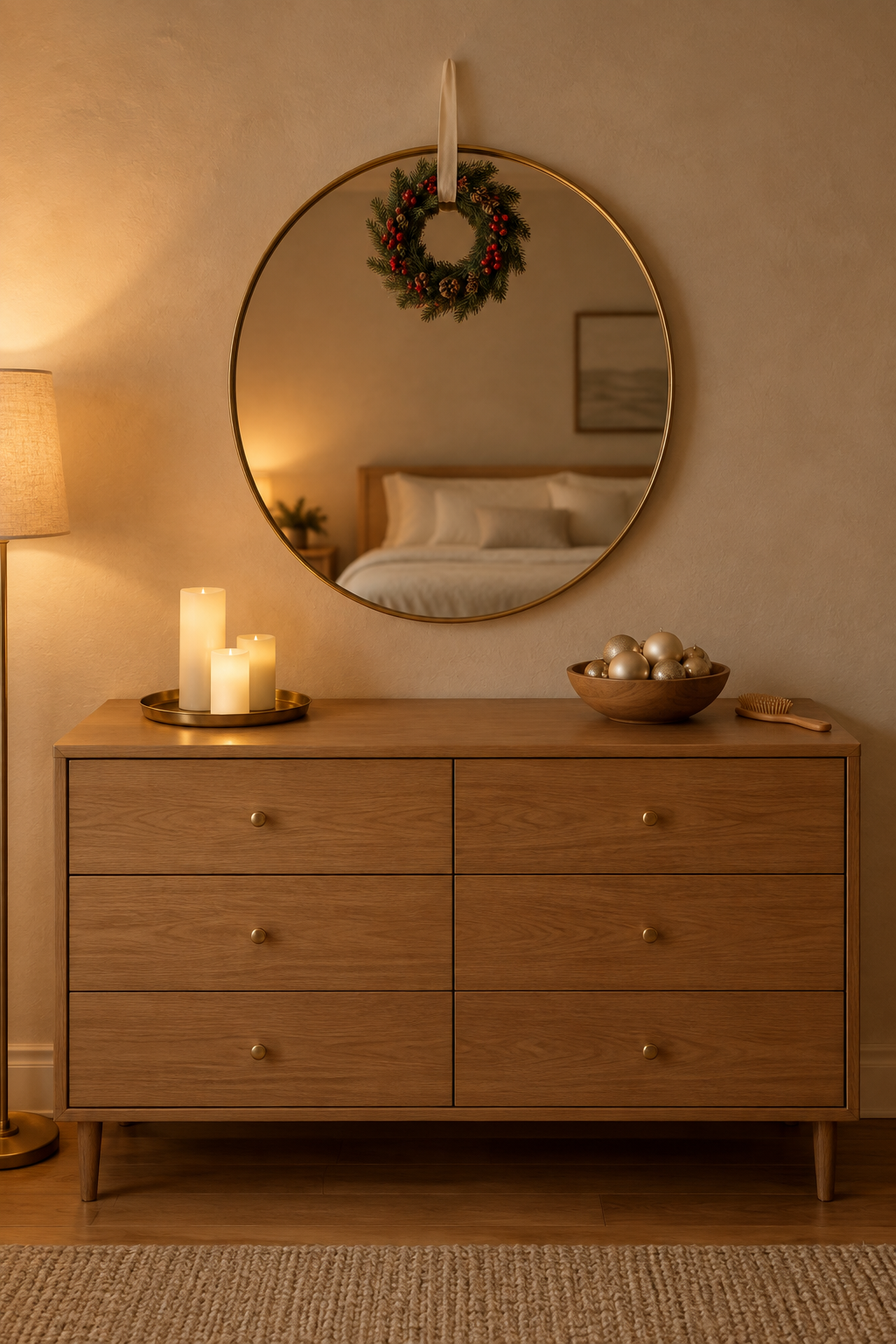 Bedroom Christmas decor on a dresser: a mini pine and red berry wreath hung on a round mirror, three glowing flameless pillar candles on a brass tray and a bowl of champagne ornaments
