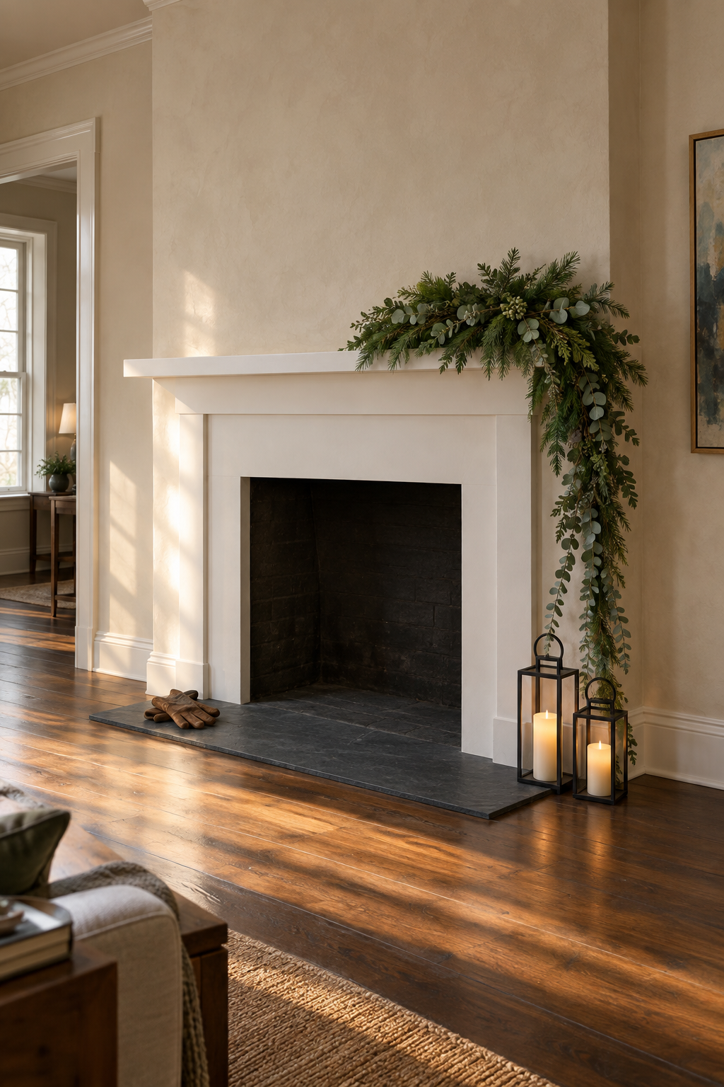 Asymmetrical Christmas mantle: a mixed pine, cedar and eucalyptus garland bunched at one end of a white mantel and trailing to the hearth, two black lanterns with flameless candles below, the other end bare