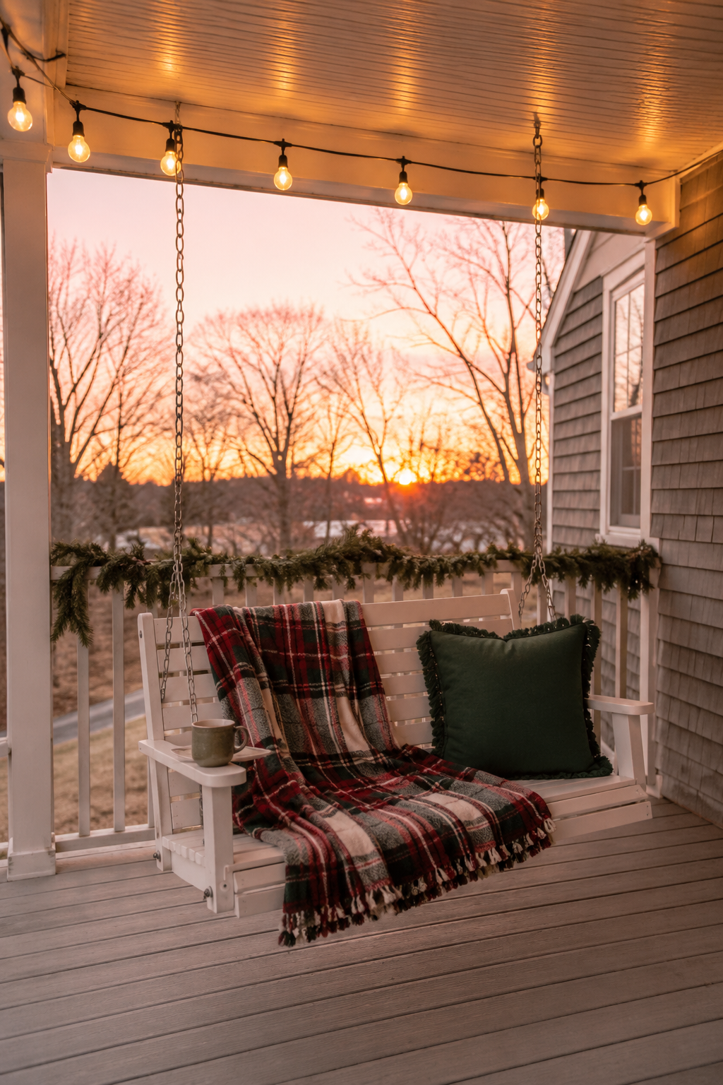 Christmas porch swing on a covered side porch: a red and green plaid throw and a dark green pillow on a white swing under lit clear globe string lights at sunset