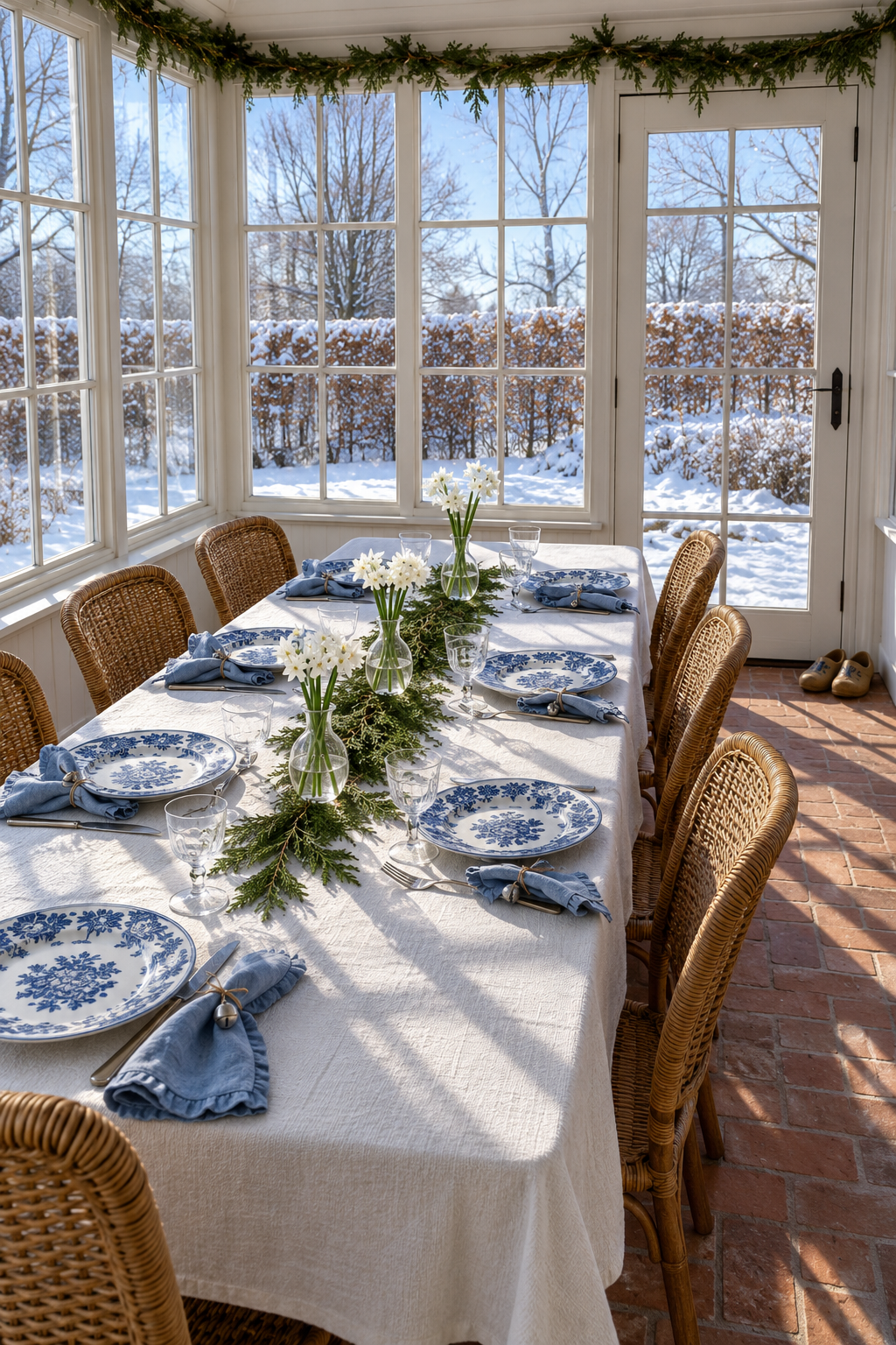Blue and white Christmas table decor with cobalt floral porcelain plates, a white cotton tablecloth, dusty blue ruffled linen napkins, cedar sprigs and paperwhites on a sunroom table for six