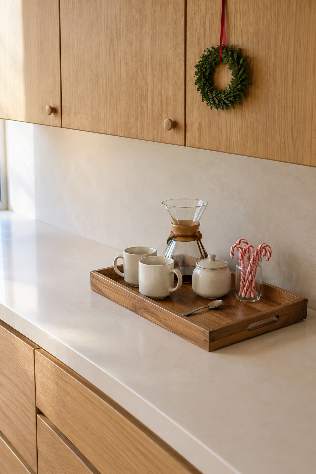 Christmas kitchen coffee station on one acacia wood tray with cream mugs, a sugar jar and a jar of candy canes under oak cabinets with a tiny wreath above
