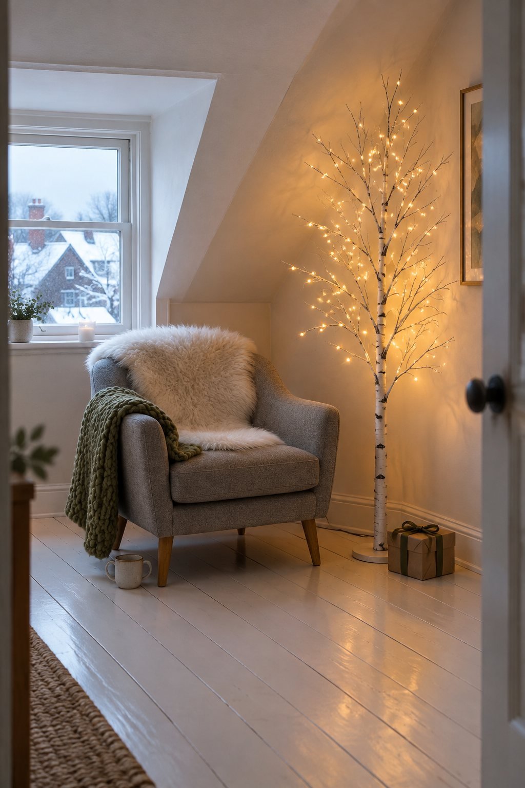 Christmas reading corner in a living room: an armchair with a white faux sheepskin and an olive chunky knit throw beside a lit white birch twig tree