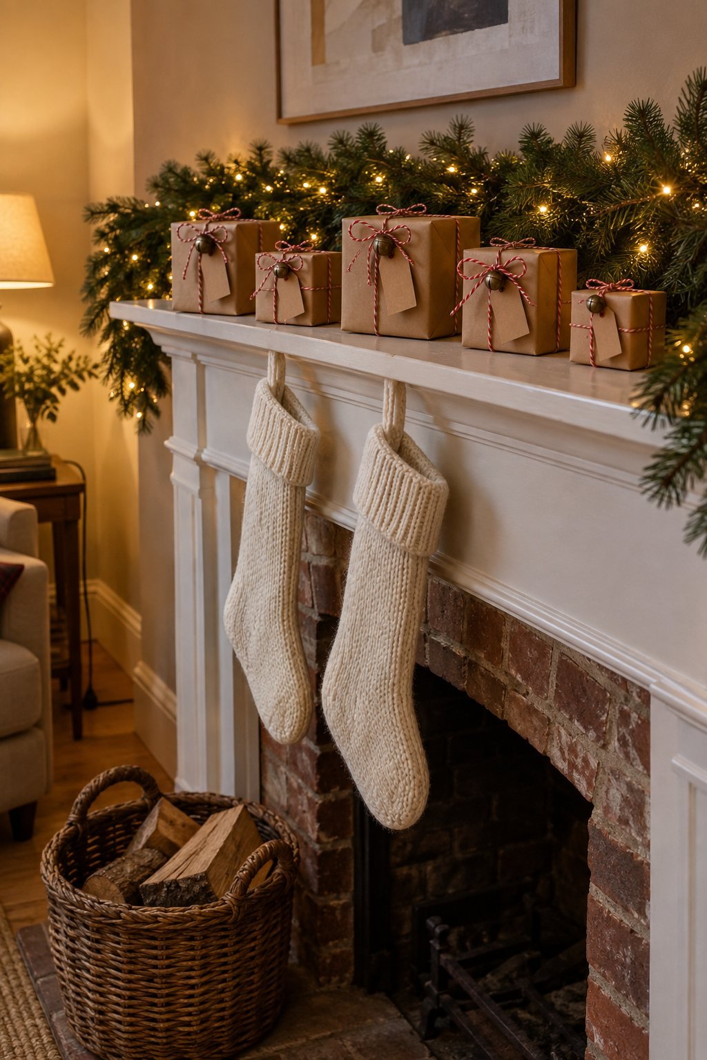 Small brown paper Christmas parcels tied with red and white baker's twine, a blank kraft tag and an aged bronze jingle bell, lined along a mantel with a pine garland