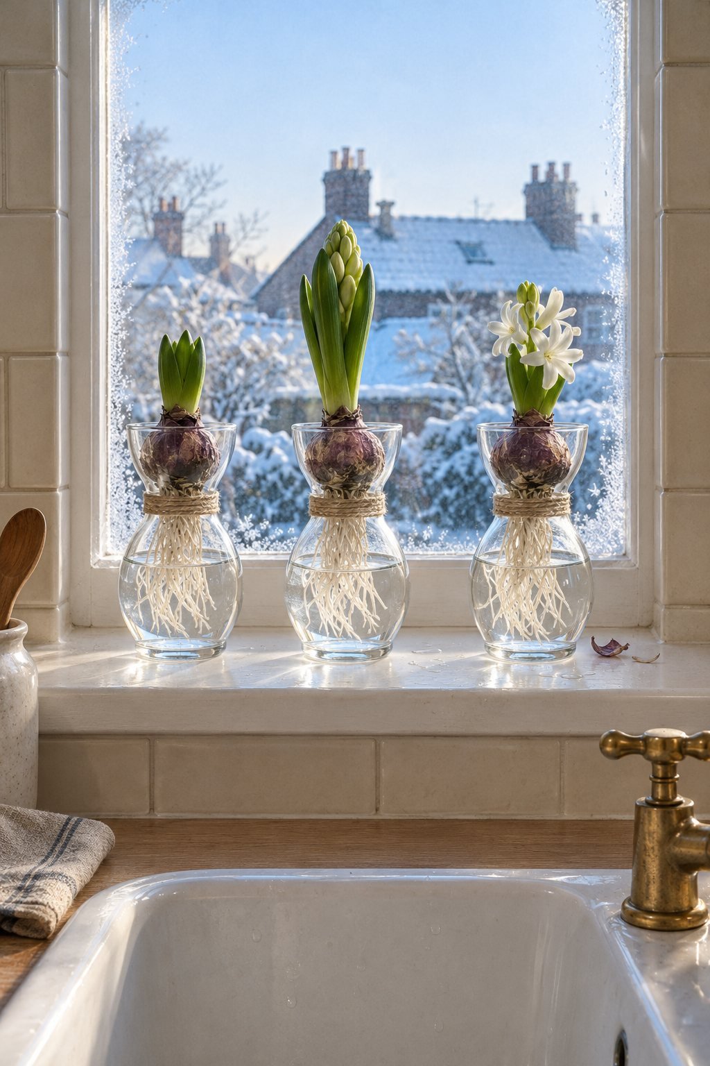 January decor on a kitchen windowsill: three small clear glass bulb vases with twine at the neck, each holding one hyacinth bulb with white roots in water, frost on the window and snow on the rooftops