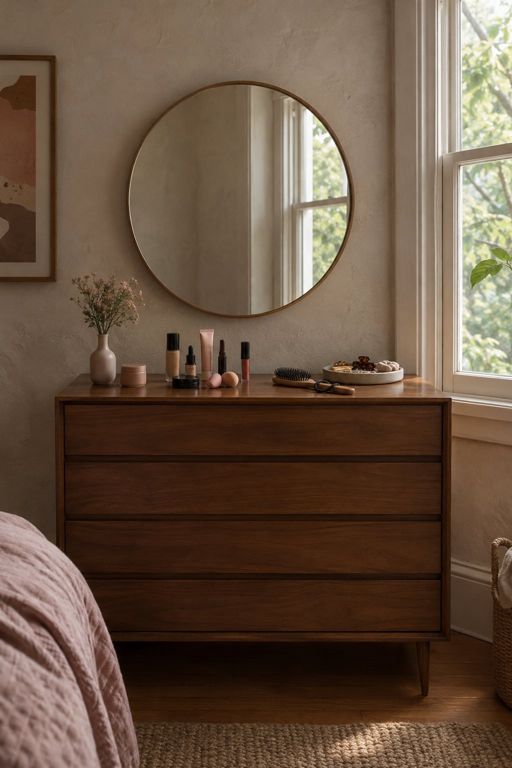 A bedroom dresser top in front of a plain mirror with a small group of makeup items pulled out, lit by window light from the right