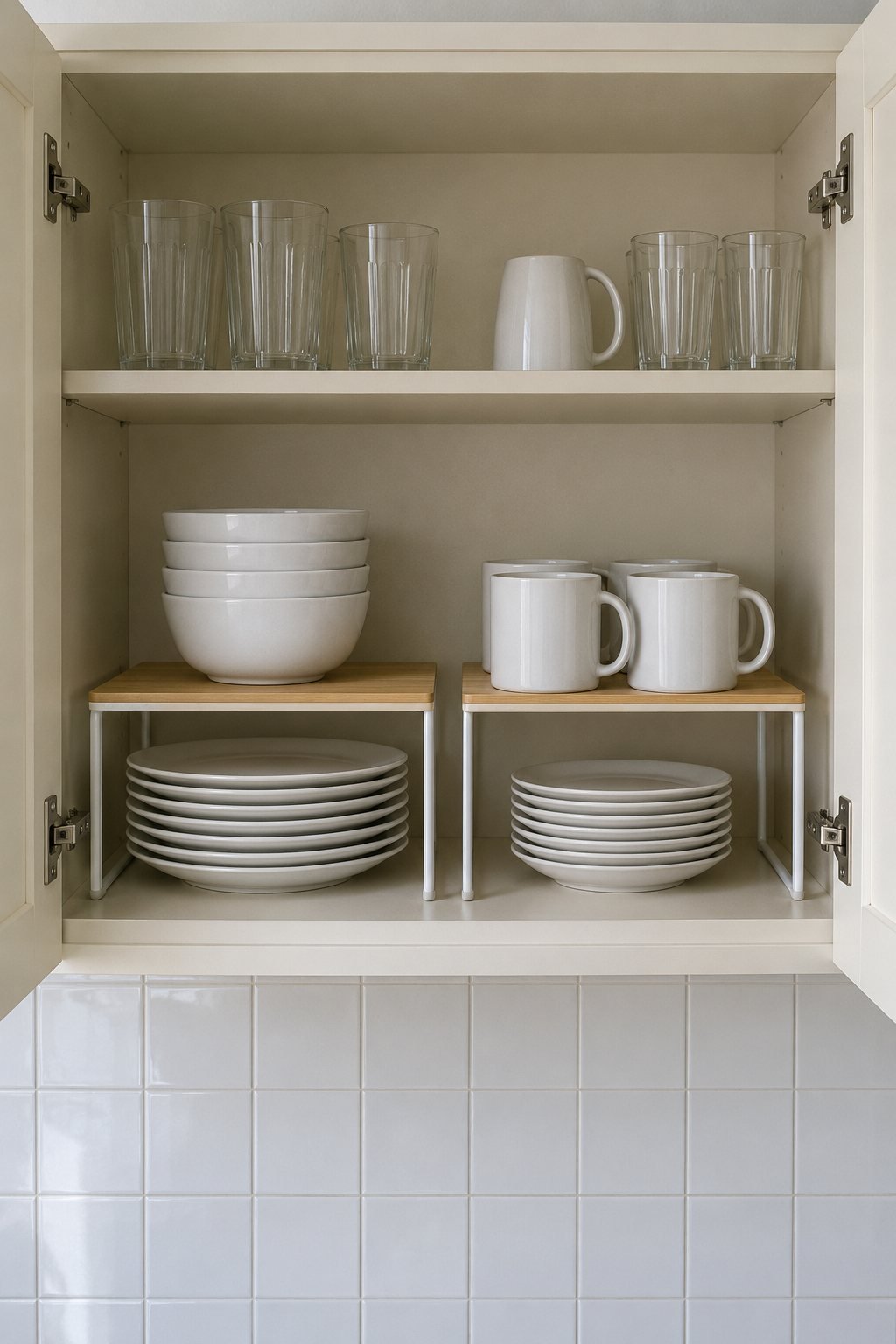 Kitchen cabinet organization with two white steel and bamboo shelf risers, dinner plates underneath and bowls and mugs on top in a cream cupboard