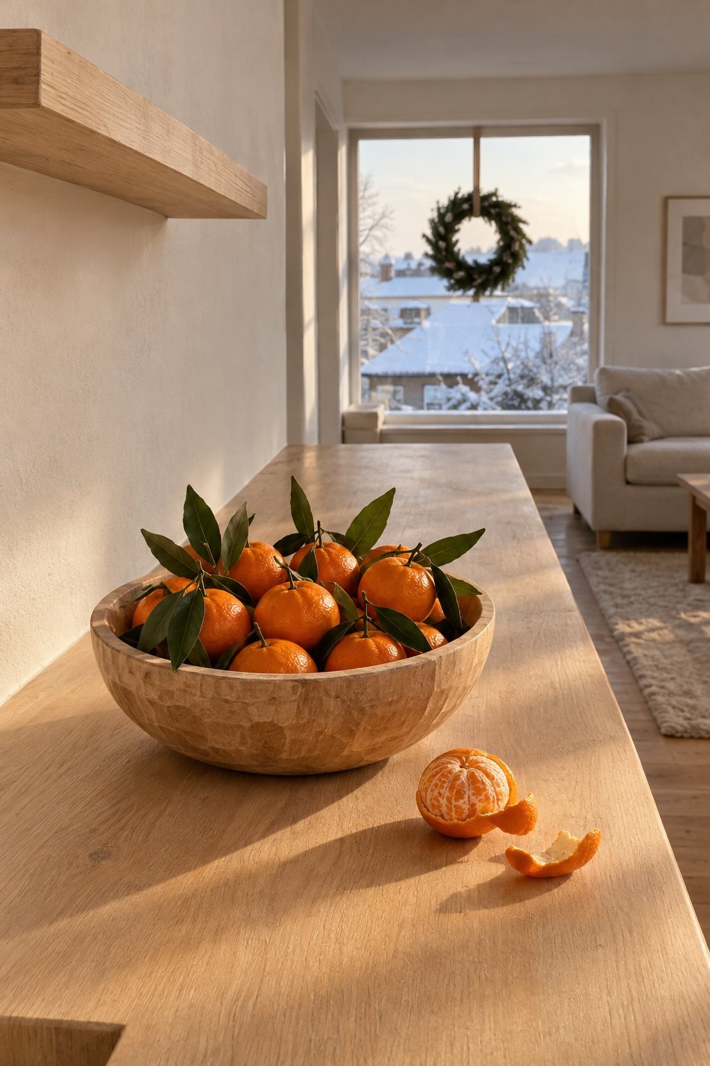 Minimalist Christmas kitchen counter with a carved wooden bowl of leafy clementines and bay branches on pale oak in low afternoon sun