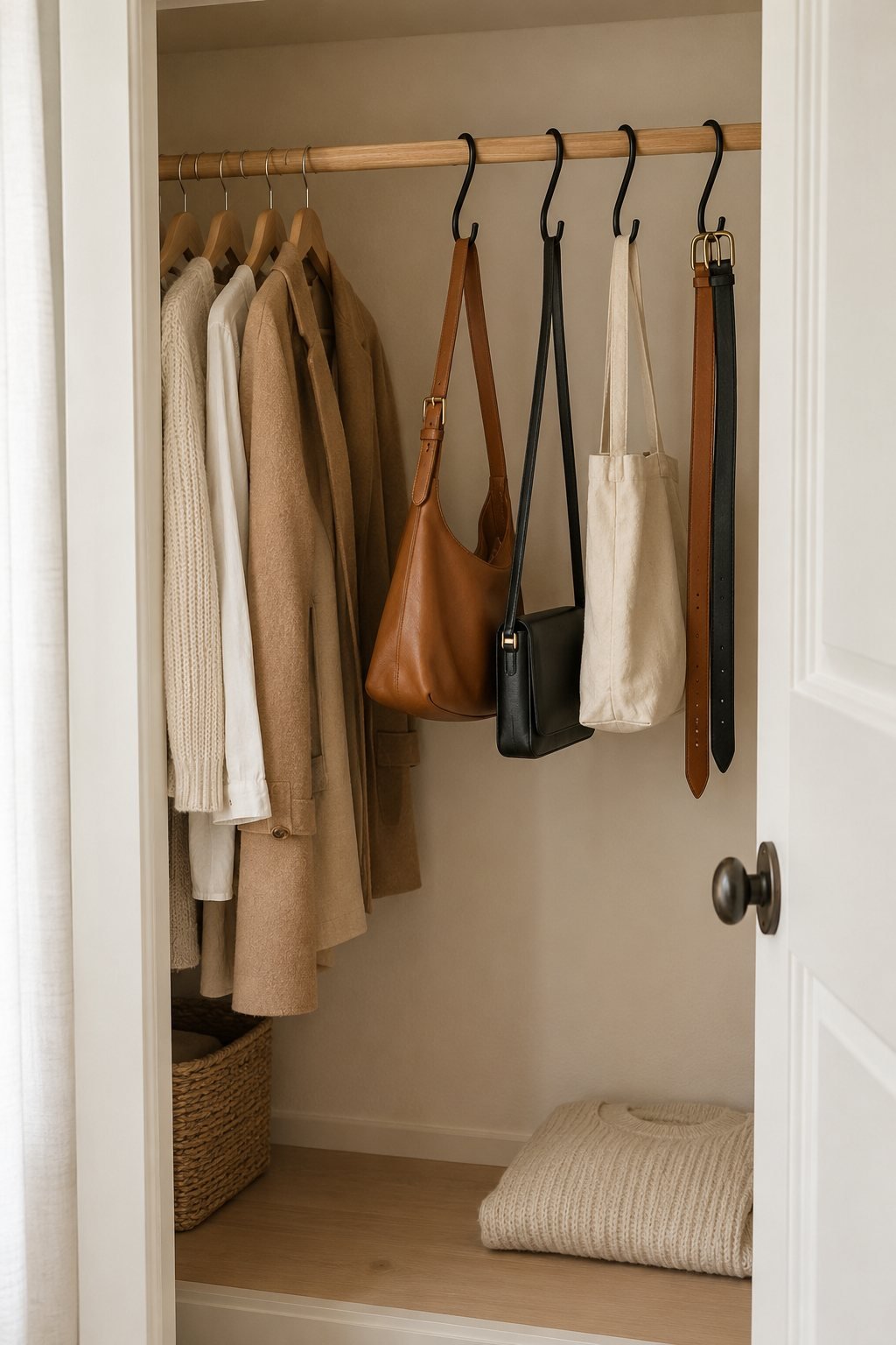 Black S-hooks on a closet rod holding handbags and belts beside ivory and camel clothes in a small reach-in closet