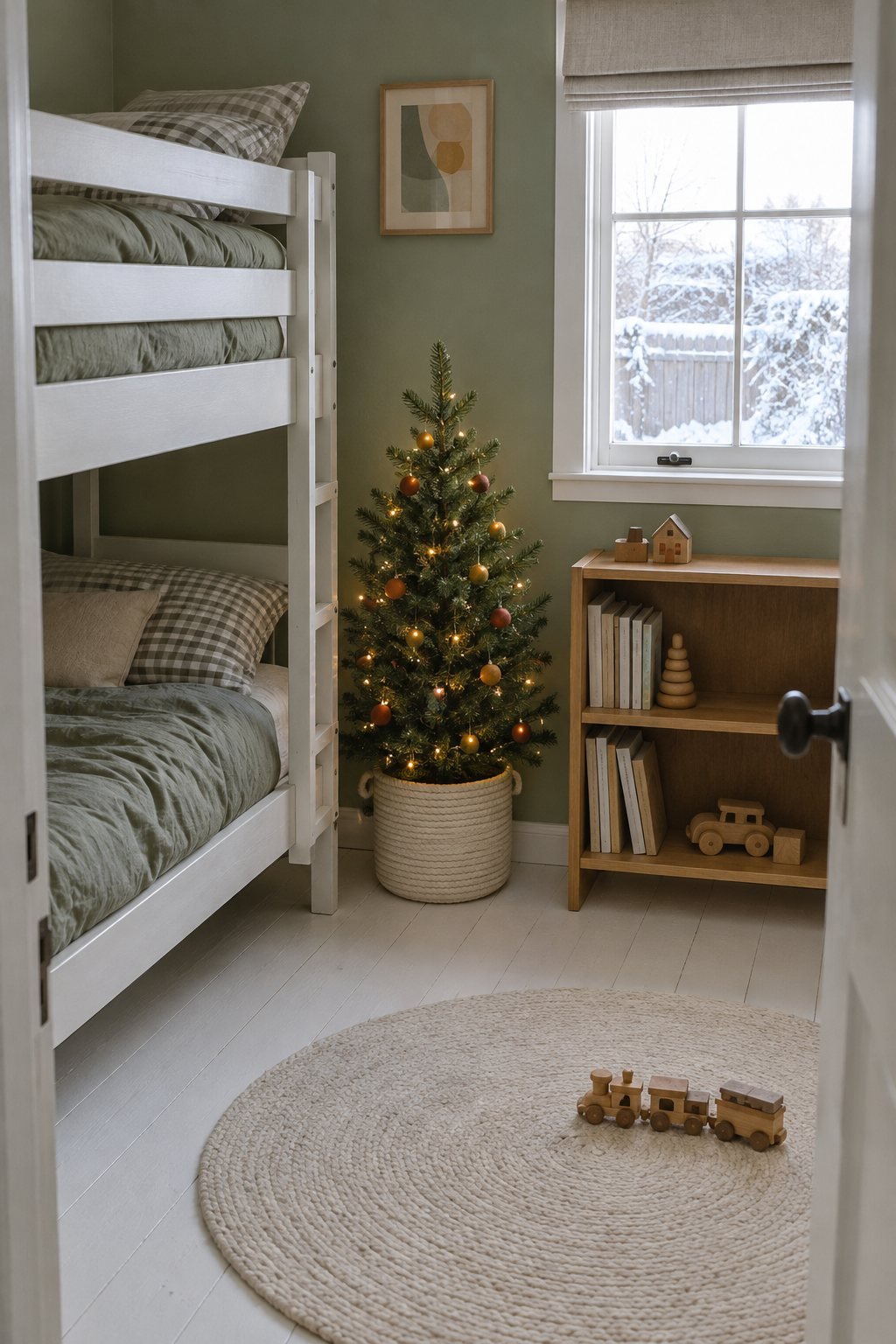 Small Christmas tree in a white cotton rope basket on the floor of a kids' bedroom beside a low bookcase, decorated with felt ball ornaments