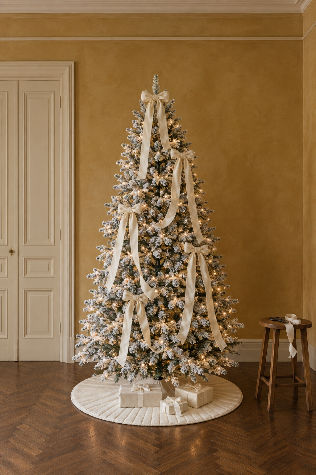 Flocked white Christmas tree in a prewar living room with ivory velvet ribbon cascades, cream velvet bows, warm white lights and an ivory velvet tree skirt