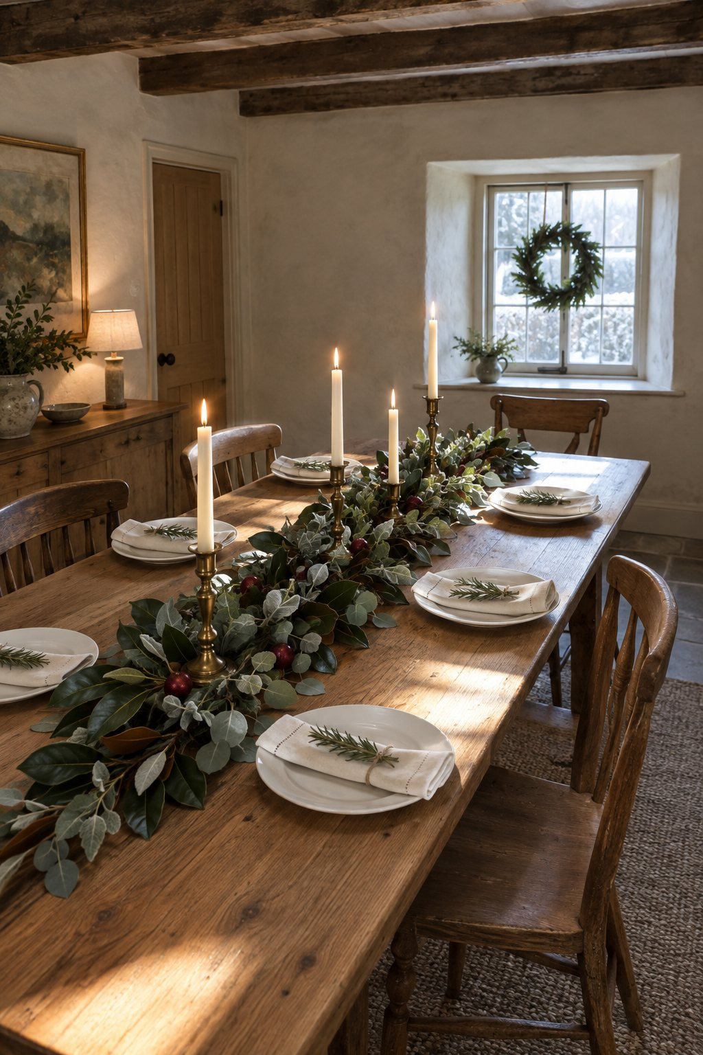 Christmas dining table decor with a eucalyptus, lamb's ear and magnolia garland runner, antique brass taper candle holders and ivory linen napkins