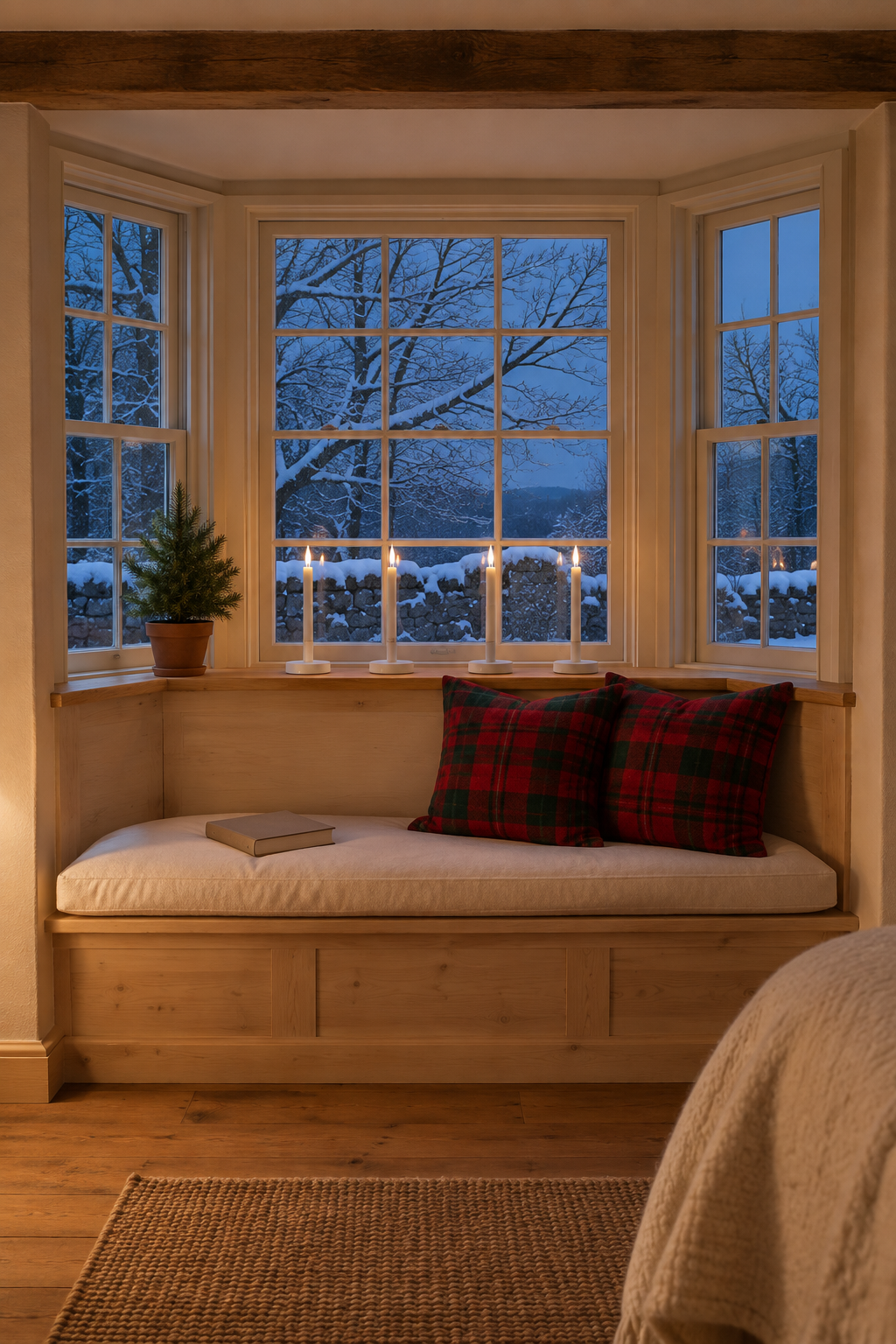 Christmas bedroom window seat with red and green plaid pillows and flameless window candles in white holders glowing along the sill at dusk
