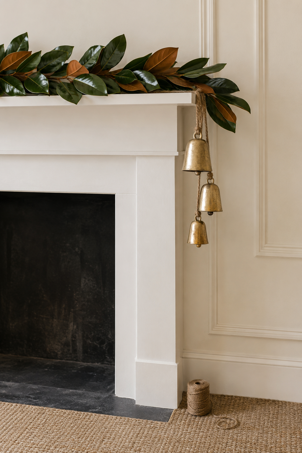 Christmas mantle with a faux magnolia leaf garland showing green and bronze leaves along a white mantel and three gold bells hanging on jute rope from one corner