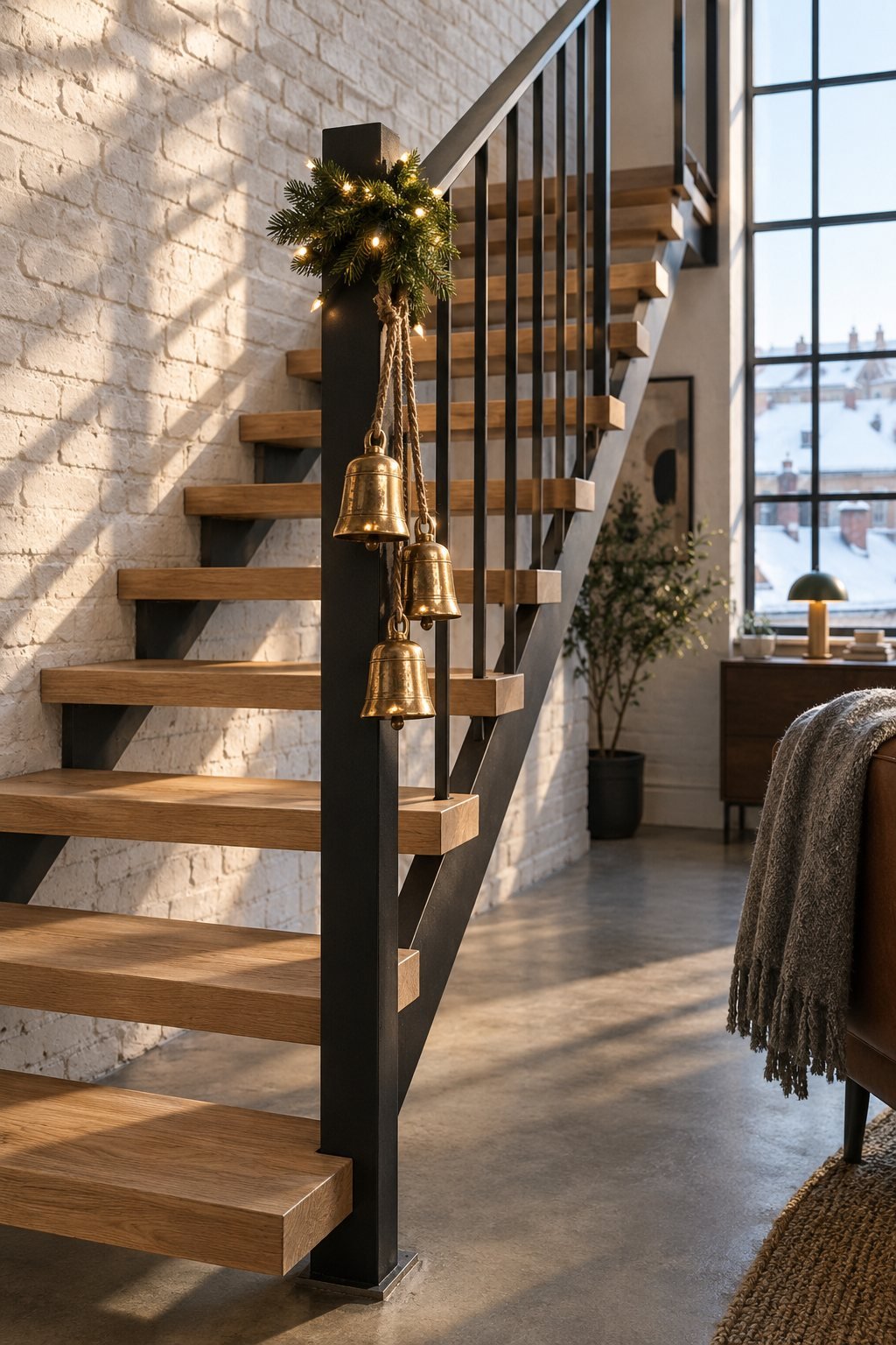 Christmas stairs decor on a loft staircase with open oak treads: three brass-finish bells on twine hanging from a black metal newel post over a small collar of lit greenery, treads empty