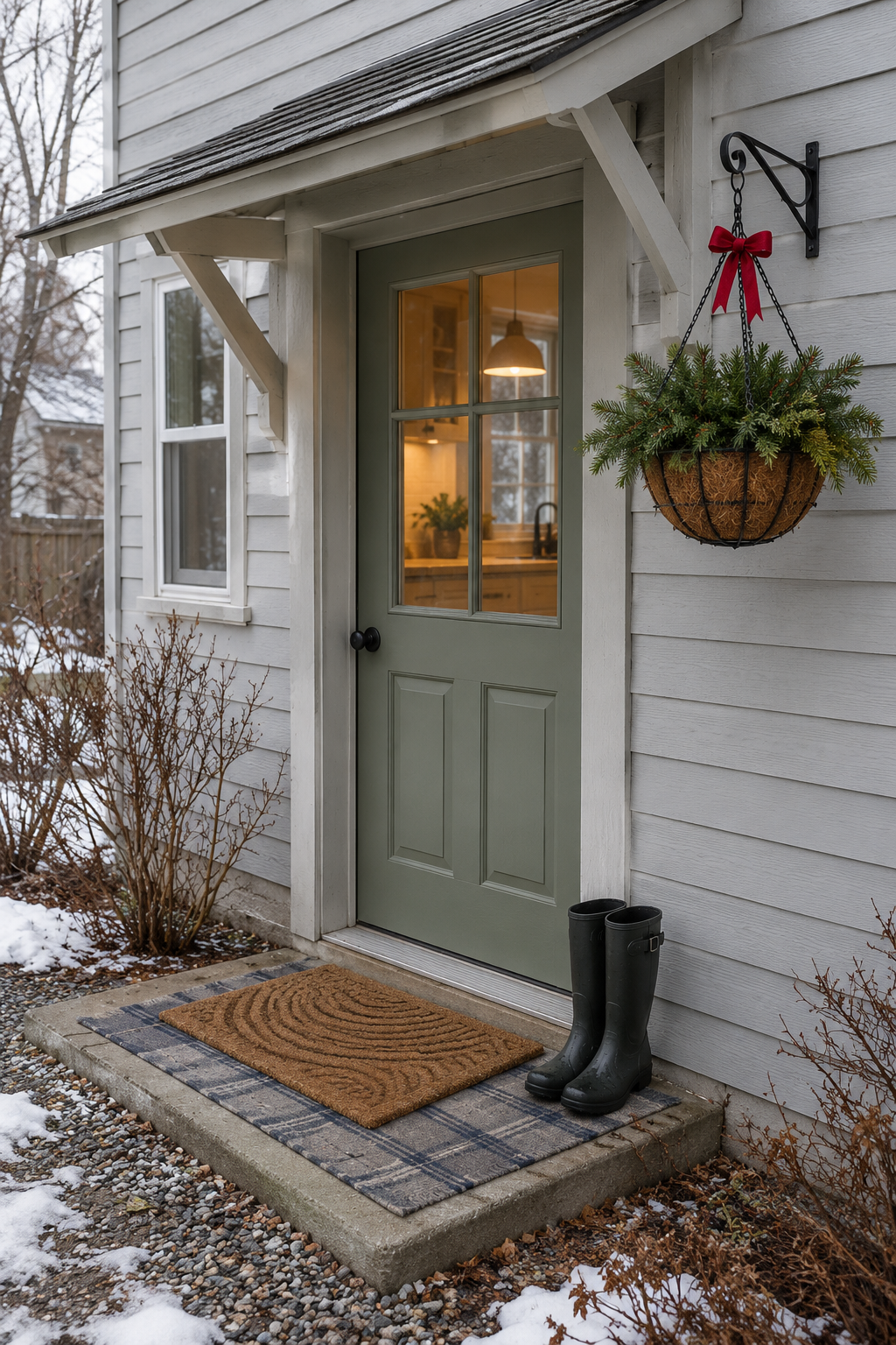Christmas back porch decor: a black wire hanging basket of winter greens with a red ribbon beside a sage green kitchen door, a carved coir mat layered over a gray plaid outdoor rug