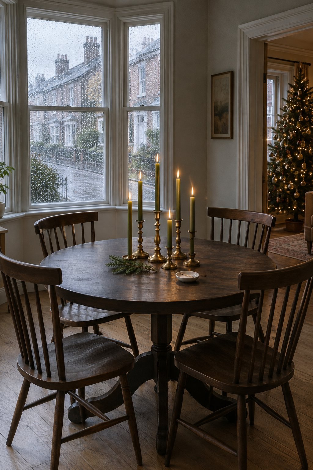 Christmas candle centerpiece on a round dining table: five antique brass candlesticks at mixed heights with lit olive green tapers and one cedar sprig