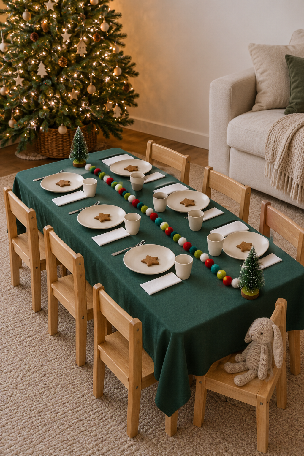 Kids Christmas table decor with a hunter green tablecloth, cream unbreakable plates with gingerbread cookies, a colorful felt pom pom garland runner and small bottle brush trees