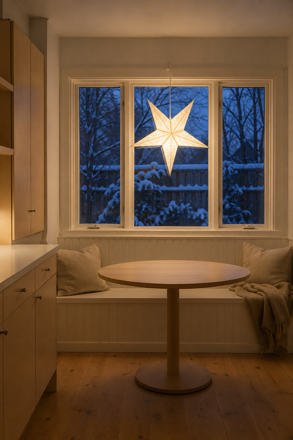 Christmas kitchen breakfast nook with a large glowing white paper star lantern hung in the window over a warm white beadboard bench and a clear table