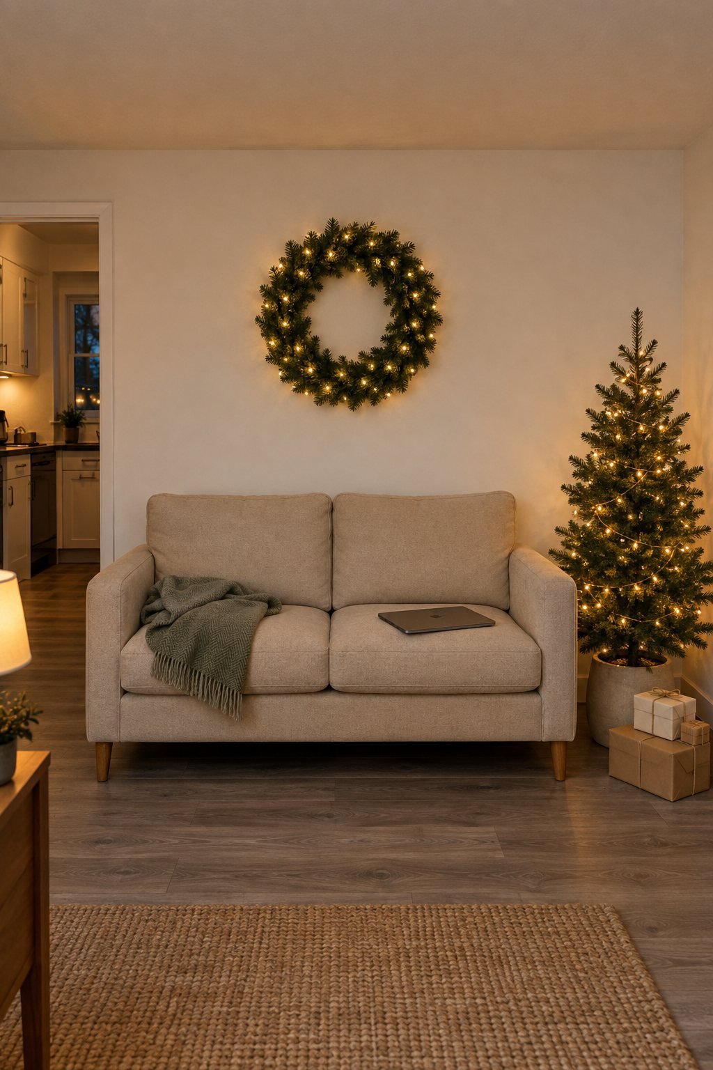 Small apartment Christmas living room with no big tree: a lit fir wreath on the wall above the sofa and a three foot pre-lit potted tree with gifts