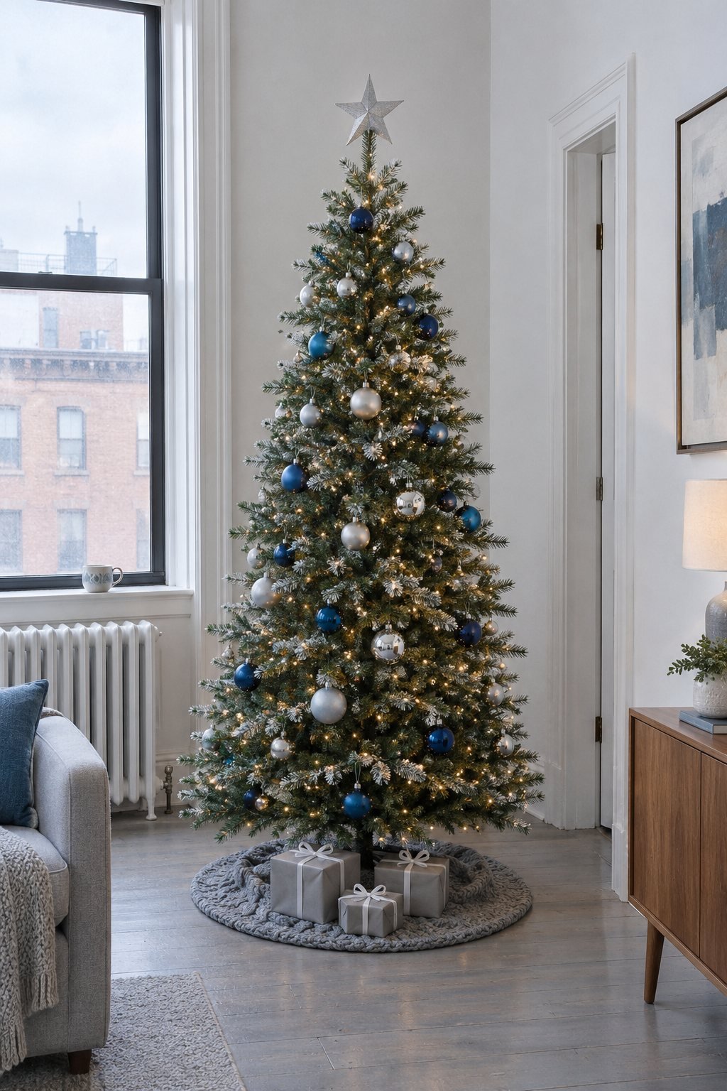 Blue and silver Christmas tree decor idea in a city apartment with shatterproof blue and silver baubles, silver glass ornaments and a grey cable knit tree skirt