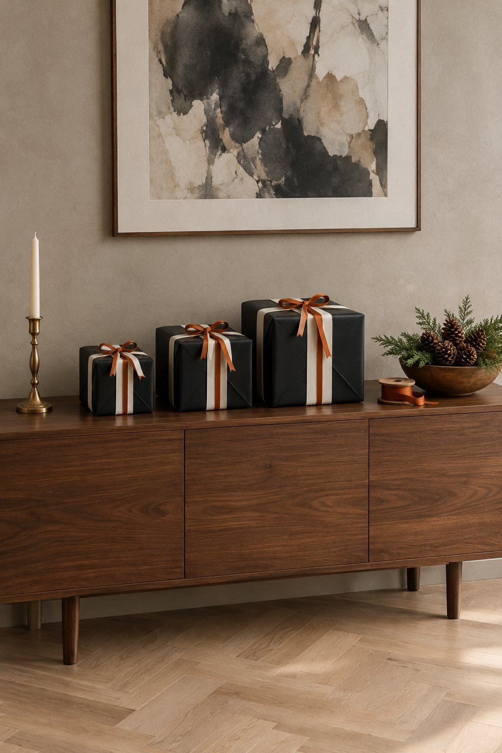Three black paper Christmas gifts in graded sizes with a wide ivory ribbon and a narrow rust ribbon tied in a flat knot, on a sideboard with pinecones and cedar