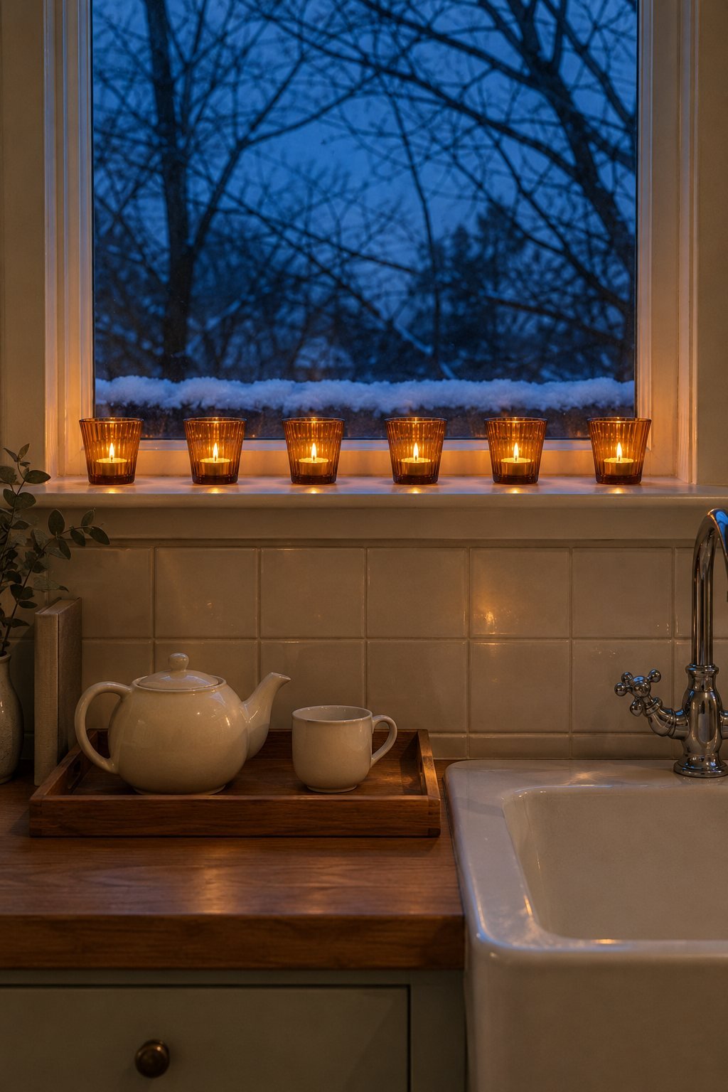 Six ribbed amber glass votive holders with tealights along a kitchen windowsill at blue dusk, cream tile, bare branches outside, January decor