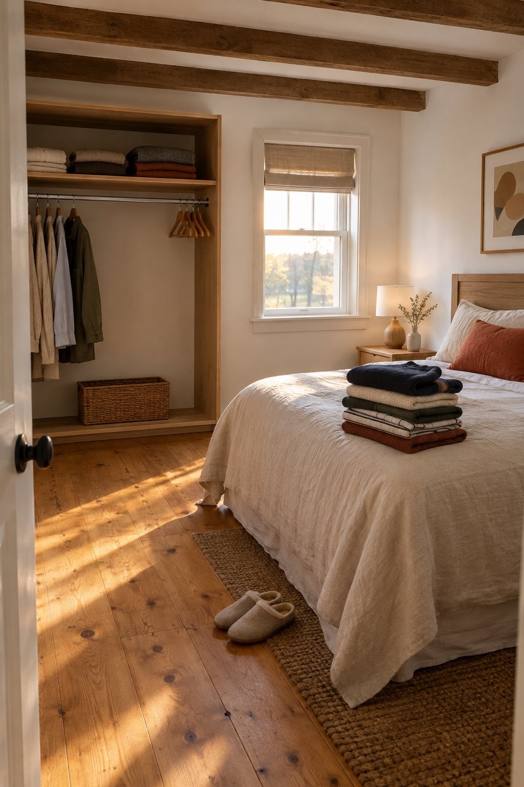 A small bedroom with an open wardrobe showing space on the rail and a folded donation pile on the bed in warm late-afternoon light