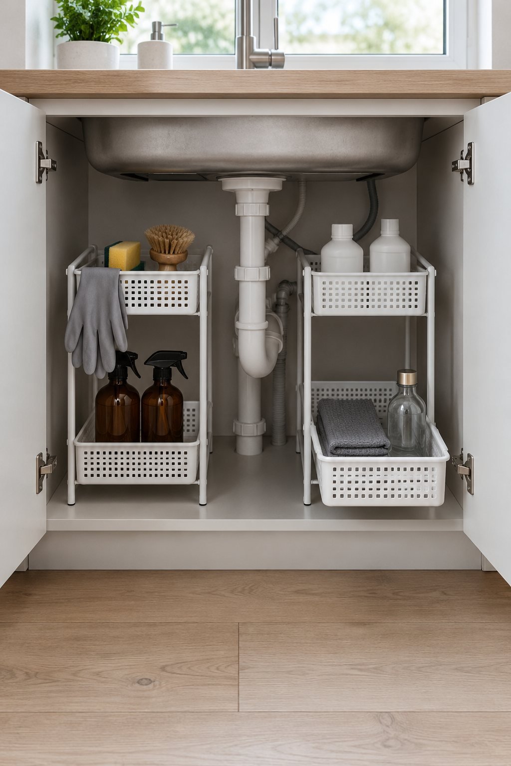 Under sink organization with two narrow white two-tier sliding organizers either side of the pipes holding plain bottles, sponges and cloths