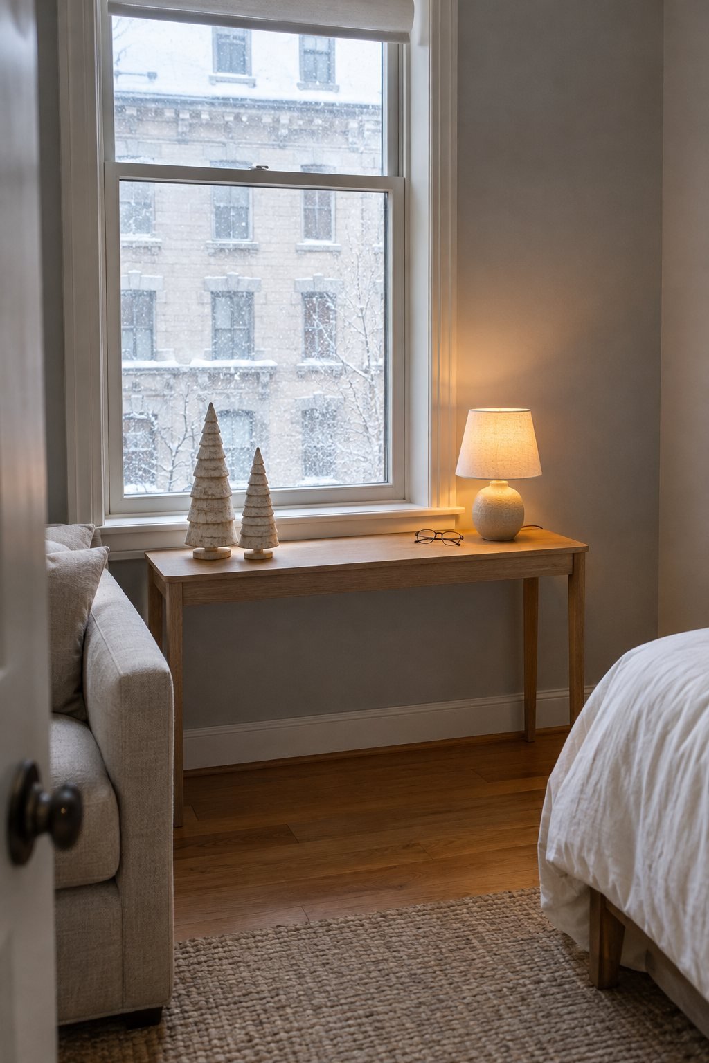 Minimalist Christmas tree idea for a small apartment with two carved white wooden tabletop trees on a narrow console beside a lit lamp
