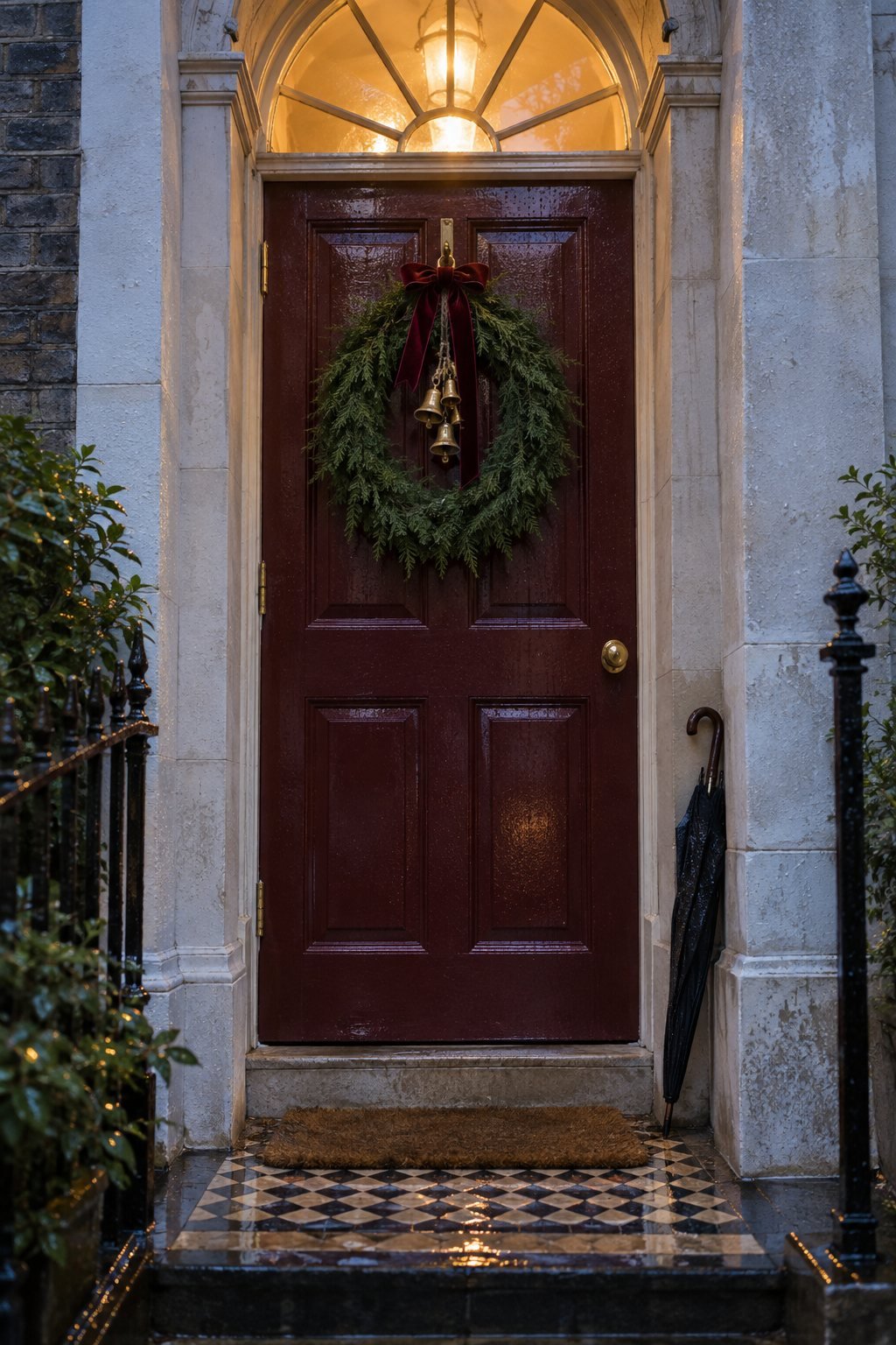 Slim cedar Christmas wreath with a cluster of brass bells in the center and a burgundy ribbon bow on a deep burgundy Victorian front door