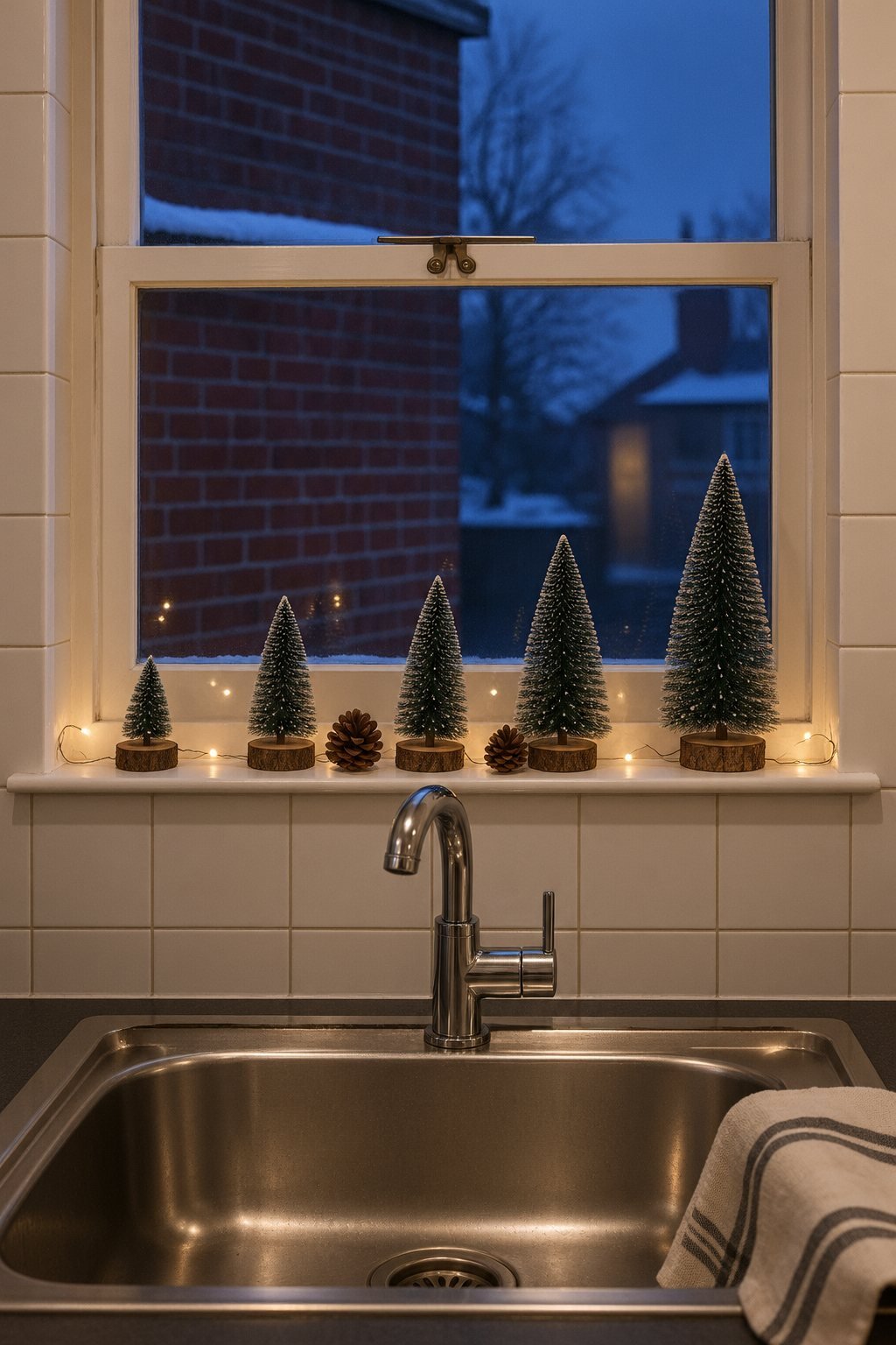Mini Christmas tree idea for a kitchen: five small snow-tipped bottle brush trees on wood slices in a row on the windowsill above the sink with warm white lights