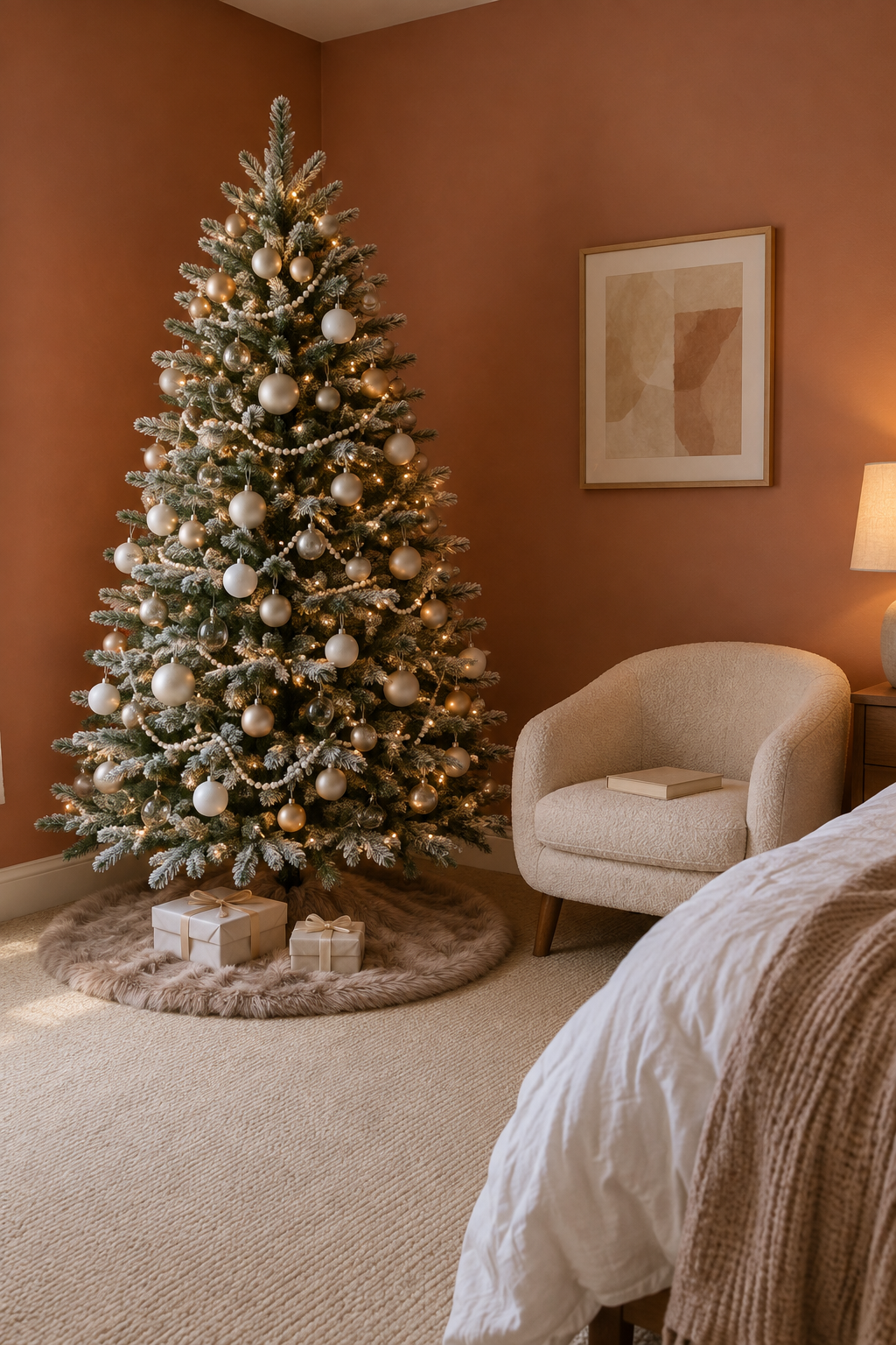 White and champagne Christmas tree in a bedroom corner: lightly flocked tree with champagne and white baubles, a cream pearl garland, warm white lights and a taupe faux fur tree skirt