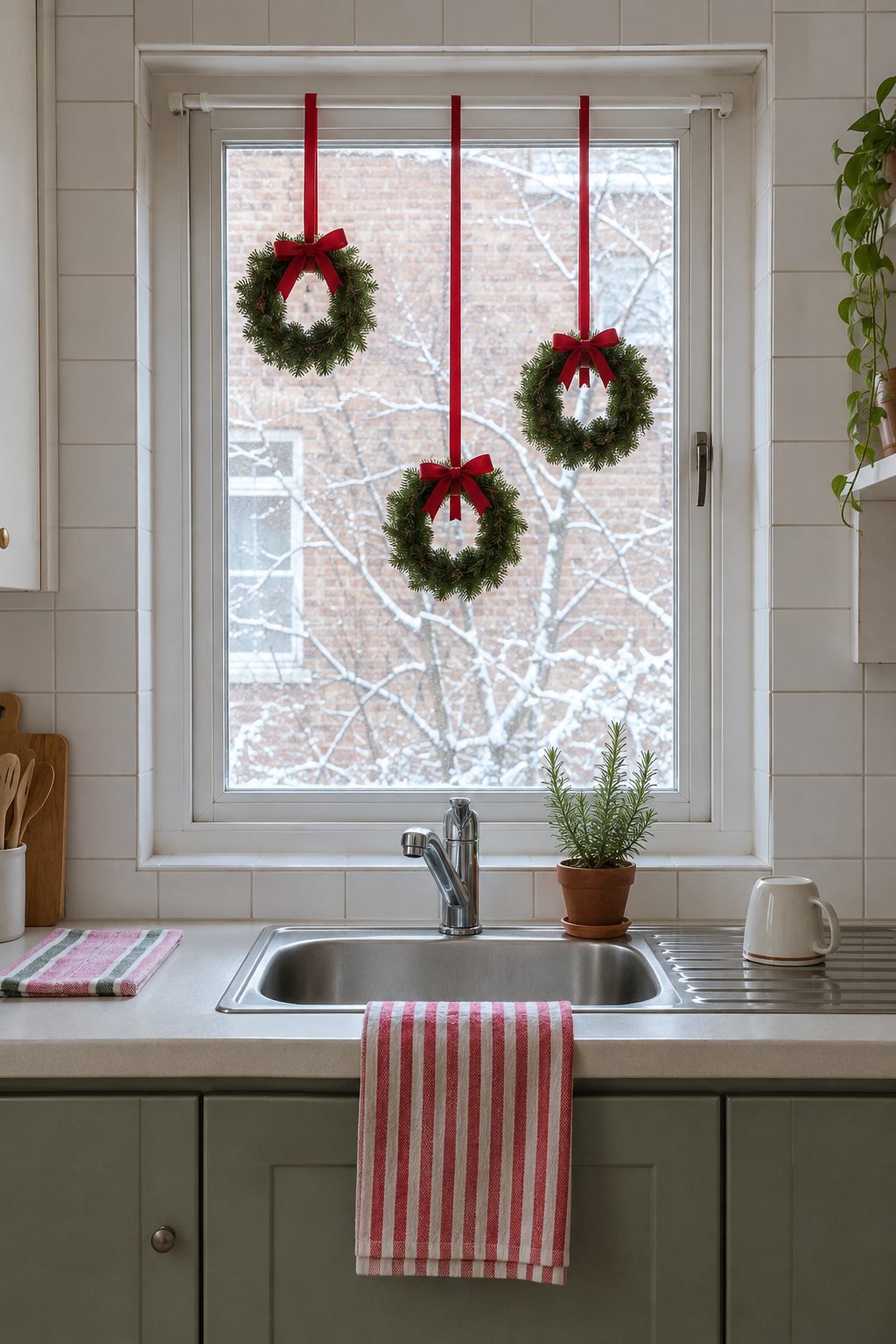 Christmas kitchen decor with three mini pine wreaths with red bows hanging in the window over the sink and a red and white striped tea towel