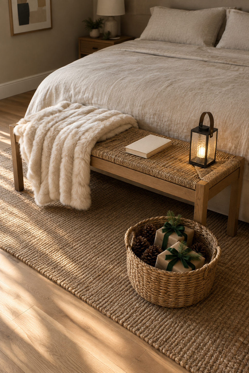 Christmas bedroom bench at the foot of the bed with a folded ivory faux fur throw, a glowing black metal LED lantern and a basket of pinecones and kraft-wrapped gifts