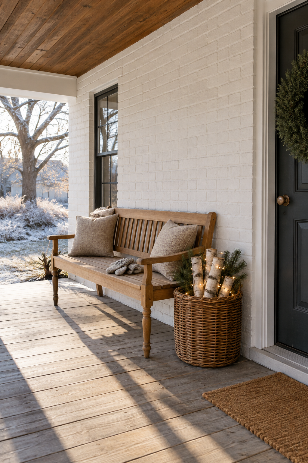 Neutral Christmas porch decor: a teak bench with two tan textured pillows on a covered porch, a brown woven basket of birch logs with pine sprigs and tiny warm lights beside it