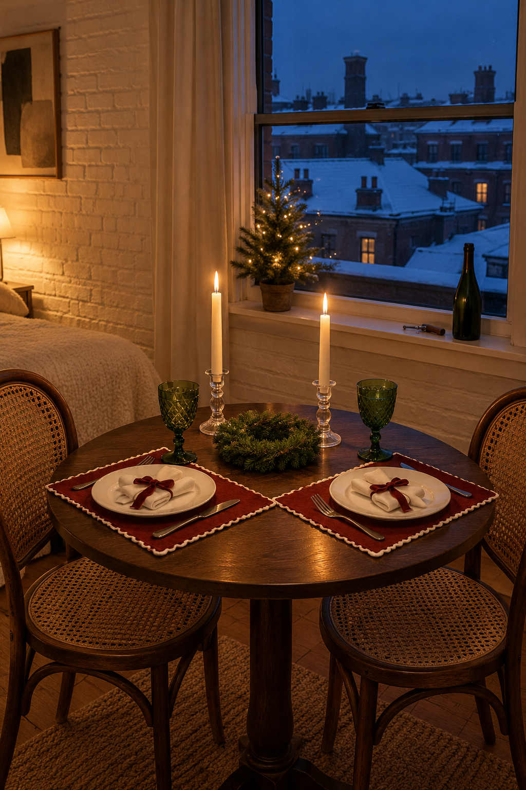 Christmas table decor for two with red scalloped cotton placemats, green crystal goblets, ivory taper candles in clear glass holders and a small wreath on a bistro table in a studio apartment